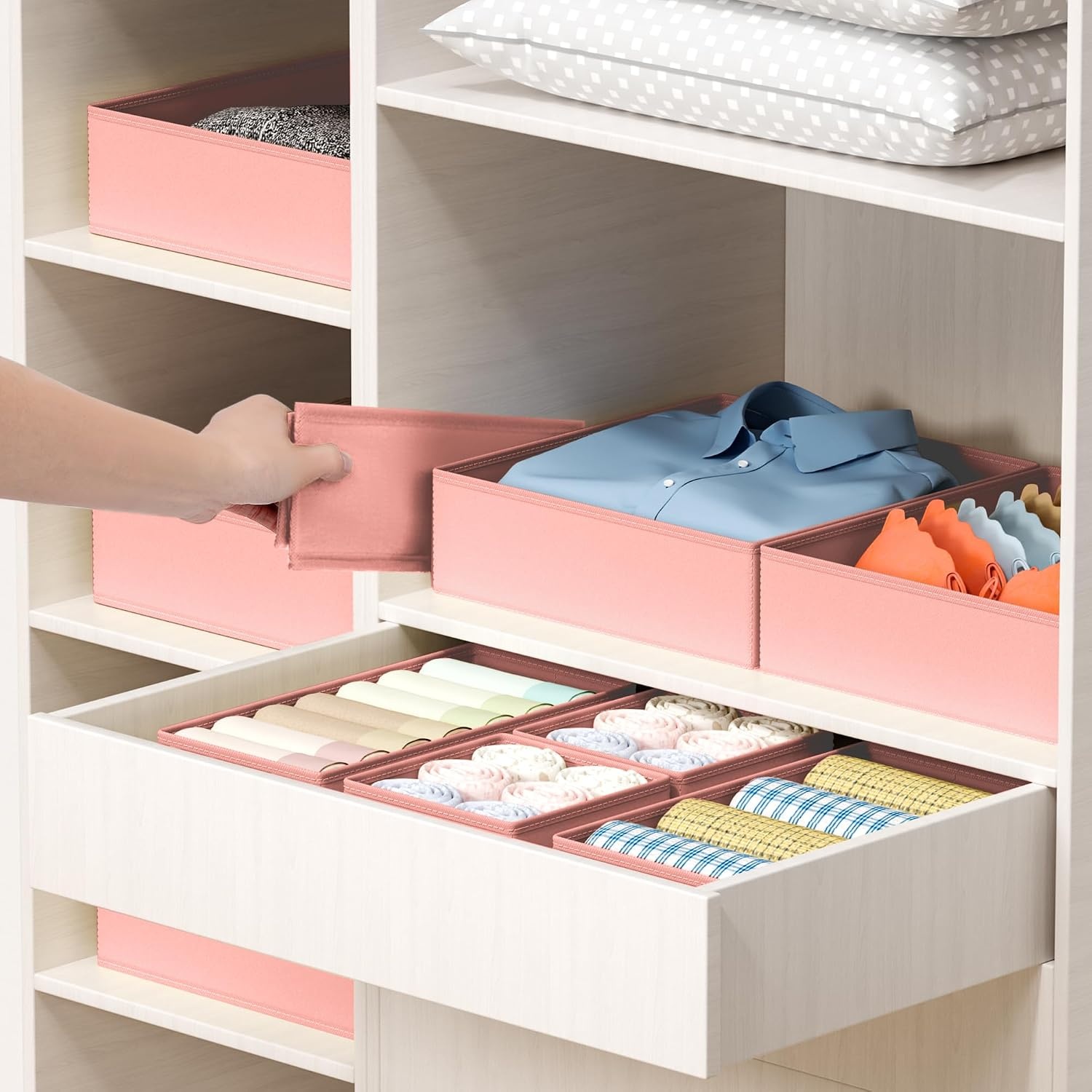 image:imageDIMJ Drawer Organizer Clothes Storage 20 Pack Baby Dresser Organizer for Nursery Foldable Closet Drawer Organizer Bins for Bedroom Organization Fabric Storage Dividers for Socks Underwears BrasPink