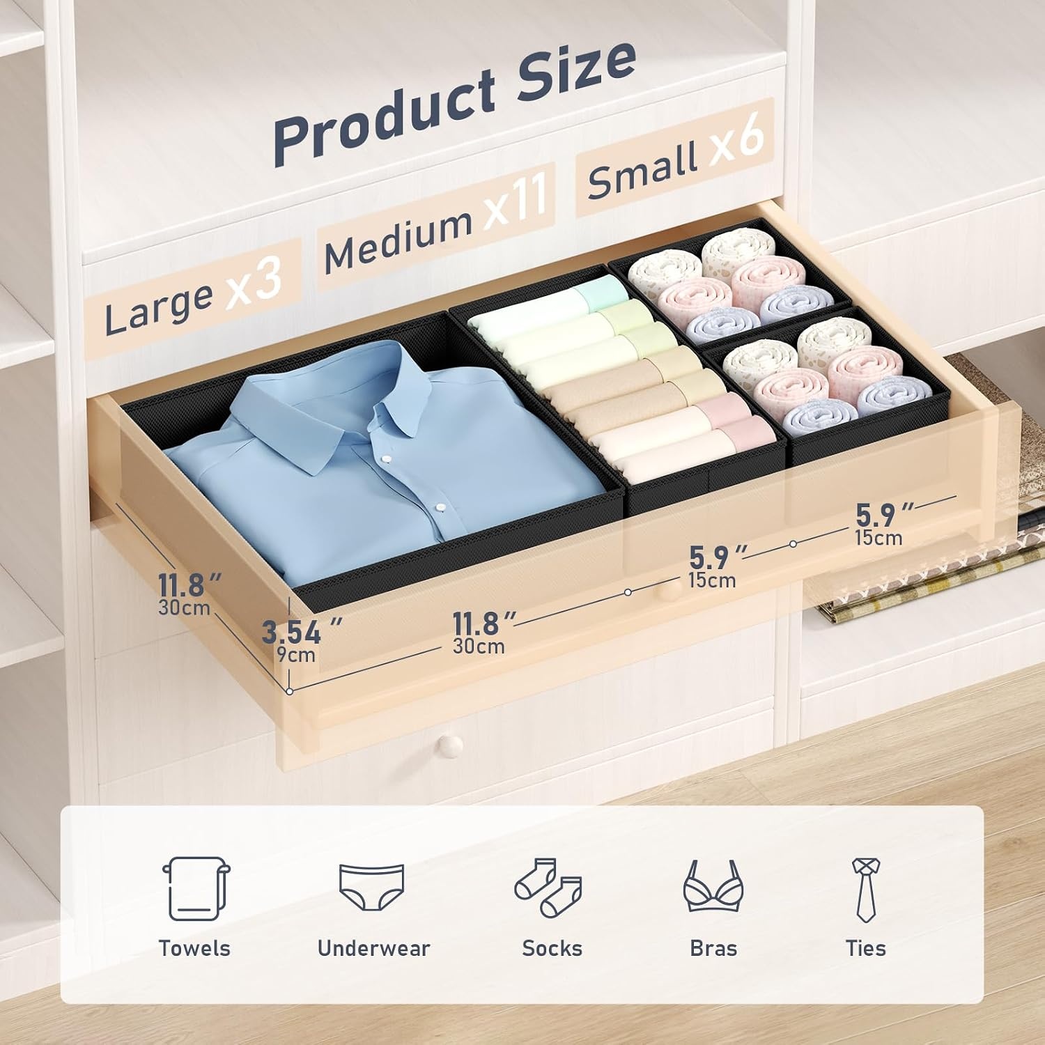 image:imageDIMJ Drawer Organizer Clothes Storage 20 Pack Baby Dresser Organizer for Nursery Foldable Closet Drawer Organizer Bins for Bedroom Organization Fabric Storage Dividers for Socks Underwears BrasBlack