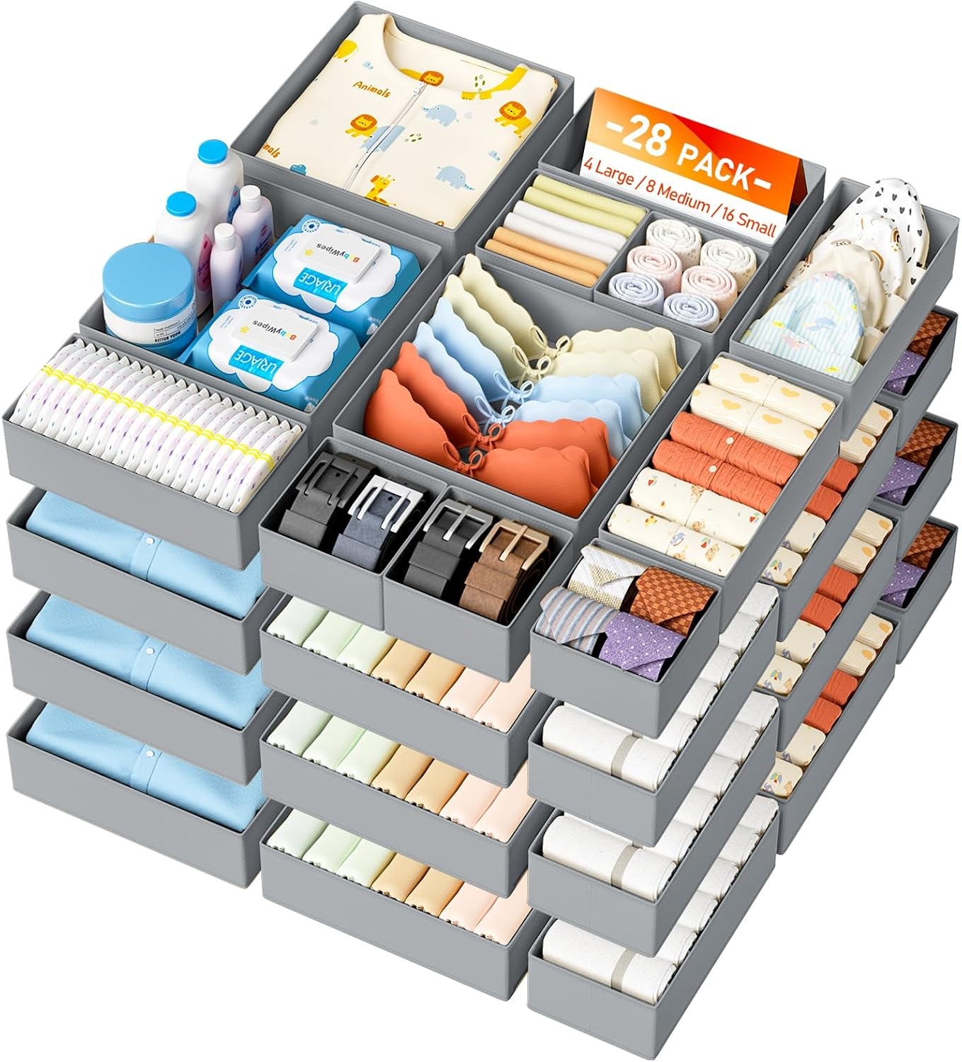 image:imageDIMJ Drawer Organizer Clothes Storage 20 Pack Baby Dresser Organizer for Nursery Foldable Closet Drawer Organizer Bins for Bedroom Organization Fabric Storage Dividers for Socks Underwears BrasGray