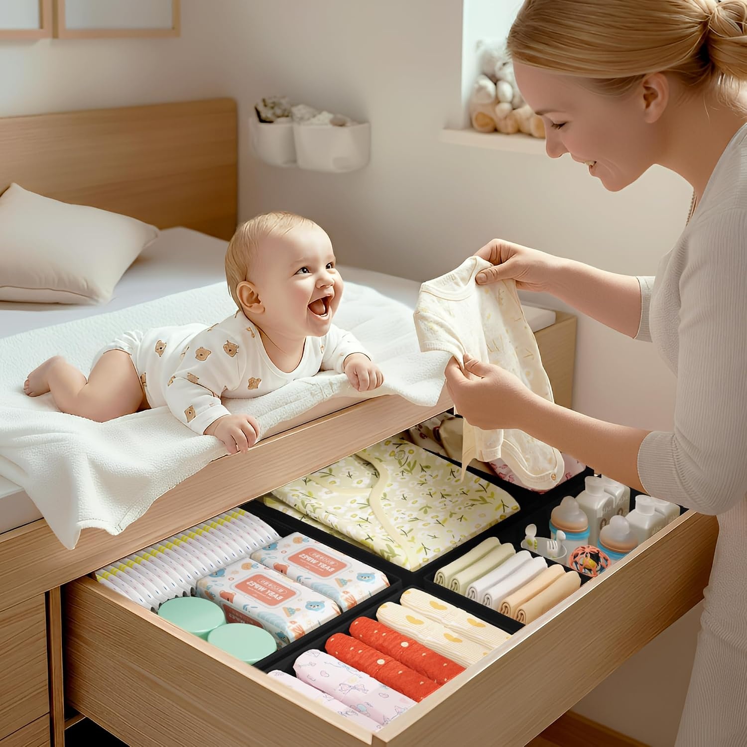 image:imageDIMJ Drawer Organizer Clothes Storage 20 Pack Baby Dresser Organizer for Nursery Foldable Closet Drawer Organizer Bins for Bedroom Organization Fabric Storage Dividers for Socks Underwears BrasBlack