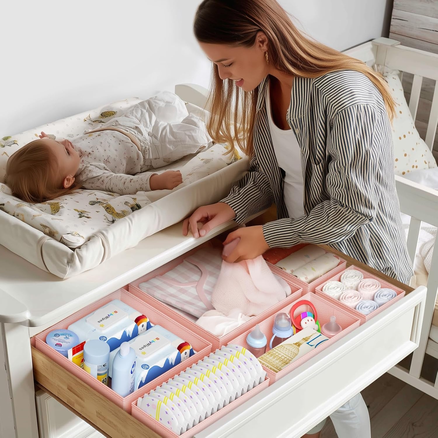 image:imageDIMJ Drawer Organizer Clothes Storage 20 Pack Baby Dresser Organizer for Nursery Foldable Closet Drawer Organizer Bins for Bedroom Organization Fabric Storage Dividers for Socks Underwears BrasPink