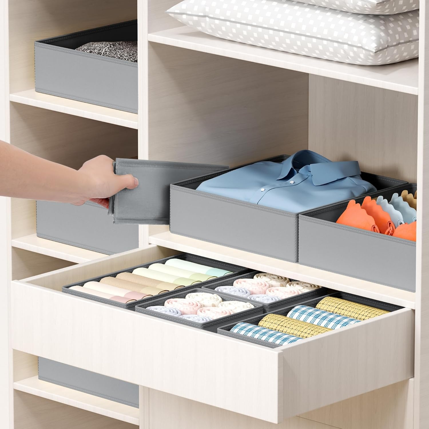 image:imageDIMJ Drawer Organizer Clothes Storage 20 Pack Baby Dresser Organizer for Nursery Foldable Closet Drawer Organizer Bins for Bedroom Organization Fabric Storage Dividers for Socks Underwears BrasGray