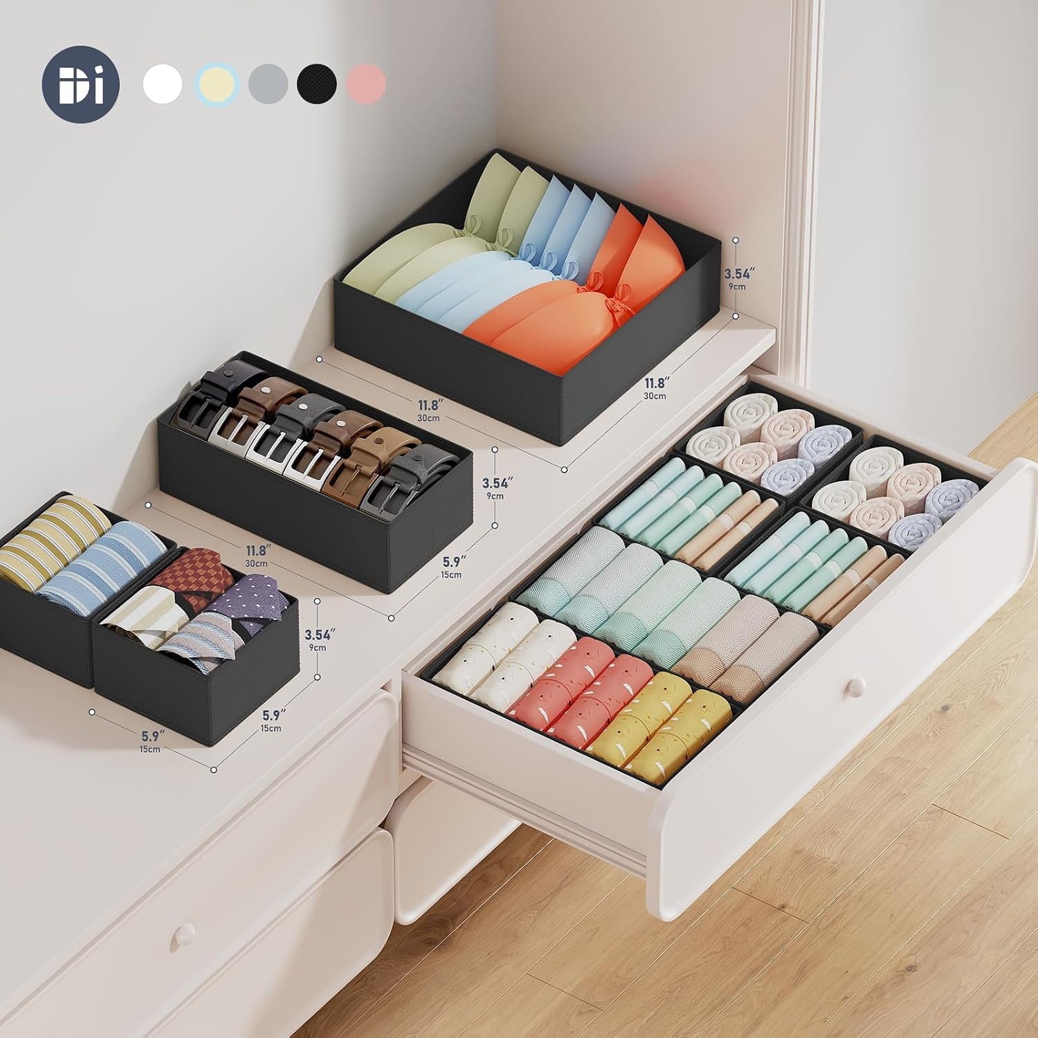 image:imageDIMJ Drawer Organizer Clothes Storage 20 Pack Baby Dresser Organizer for Nursery Foldable Closet Drawer Organizer Bins for Bedroom Organization Fabric Storage Dividers for Socks Underwears BrasBlack