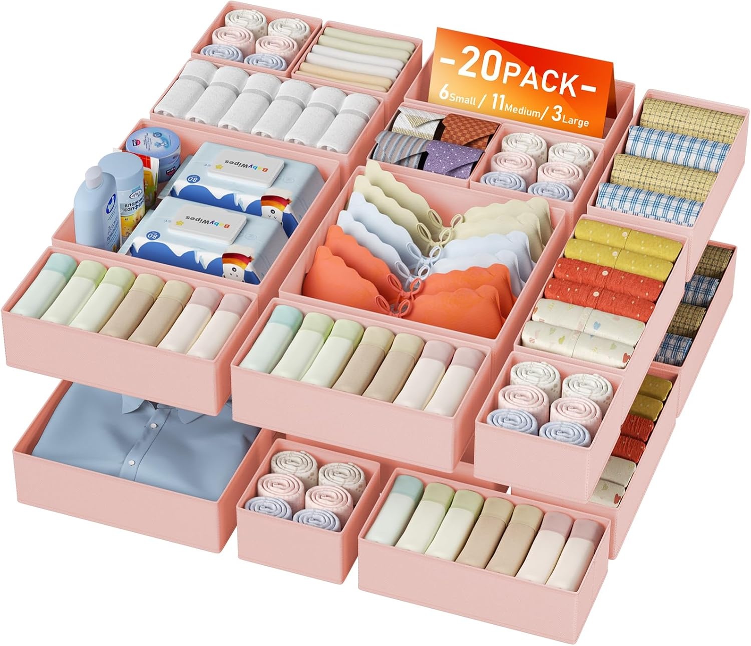 image:imageDIMJ Drawer Organizer Clothes Storage 20 Pack Baby Dresser Organizer for Nursery Foldable Closet Drawer Organizer Bins for Bedroom Organization Fabric Storage Dividers for Socks Underwears BrasPink