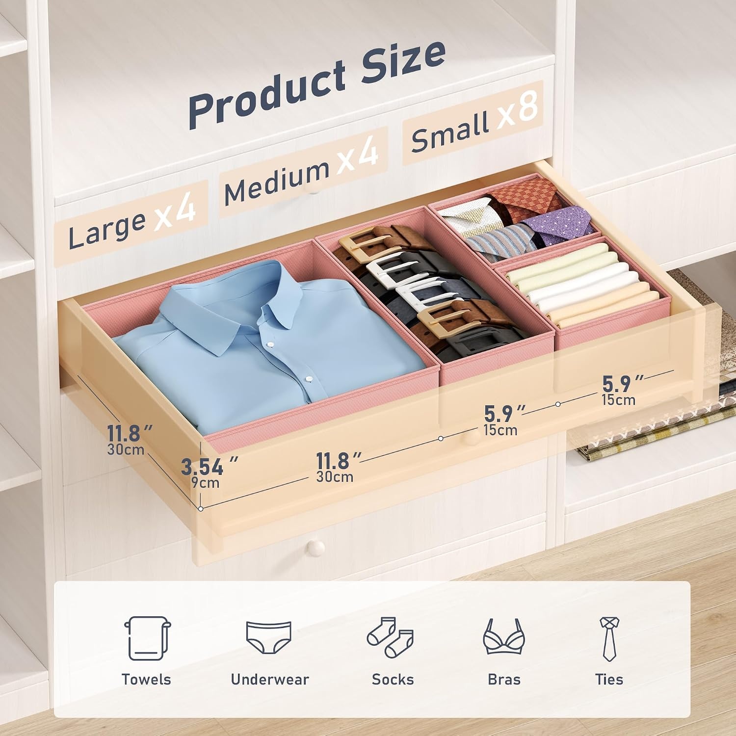 image:imageDIMJ Drawer Organizer Clothes Storage 20 Pack Baby Dresser Organizer for Nursery Foldable Closet Drawer Organizer Bins for Bedroom Organization Fabric Storage Dividers for Socks Underwears BrasPink