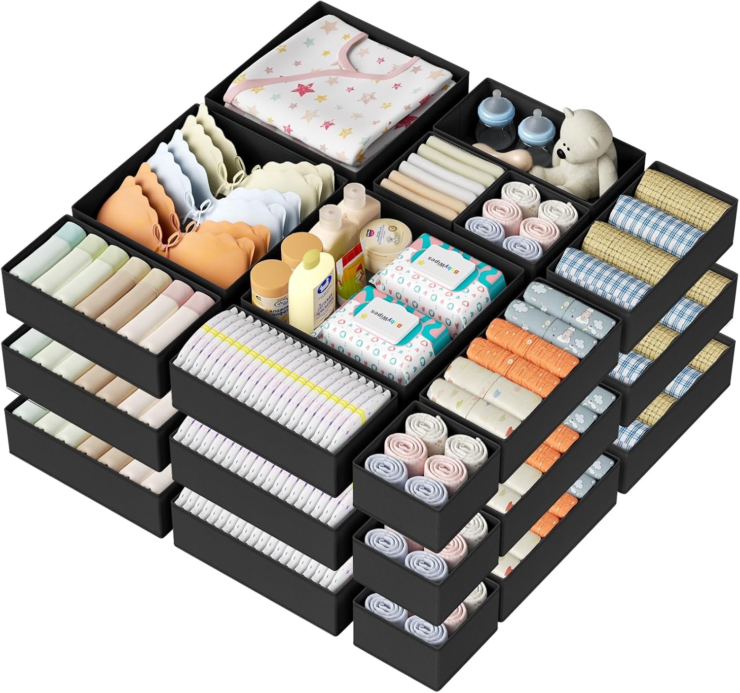 image:imageDIMJ Drawer Organizer Clothes Storage 20 Pack Baby Dresser Organizer for Nursery Foldable Closet Drawer Organizer Bins for Bedroom Organization Fabric Storage Dividers for Socks Underwears BrasBlack