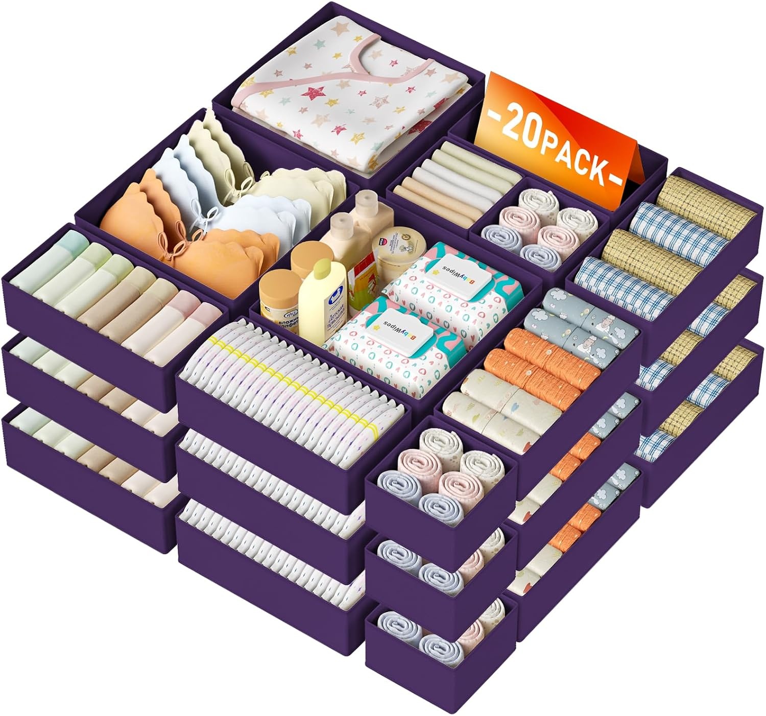 image:imageDIMJ Drawer Organizer Clothes Storage 20 Pack Baby Dresser Organizer for Nursery Foldable Closet Drawer Organizer Bins for Bedroom Organization Fabric Storage Dividers for Socks Underwears BrasPurple