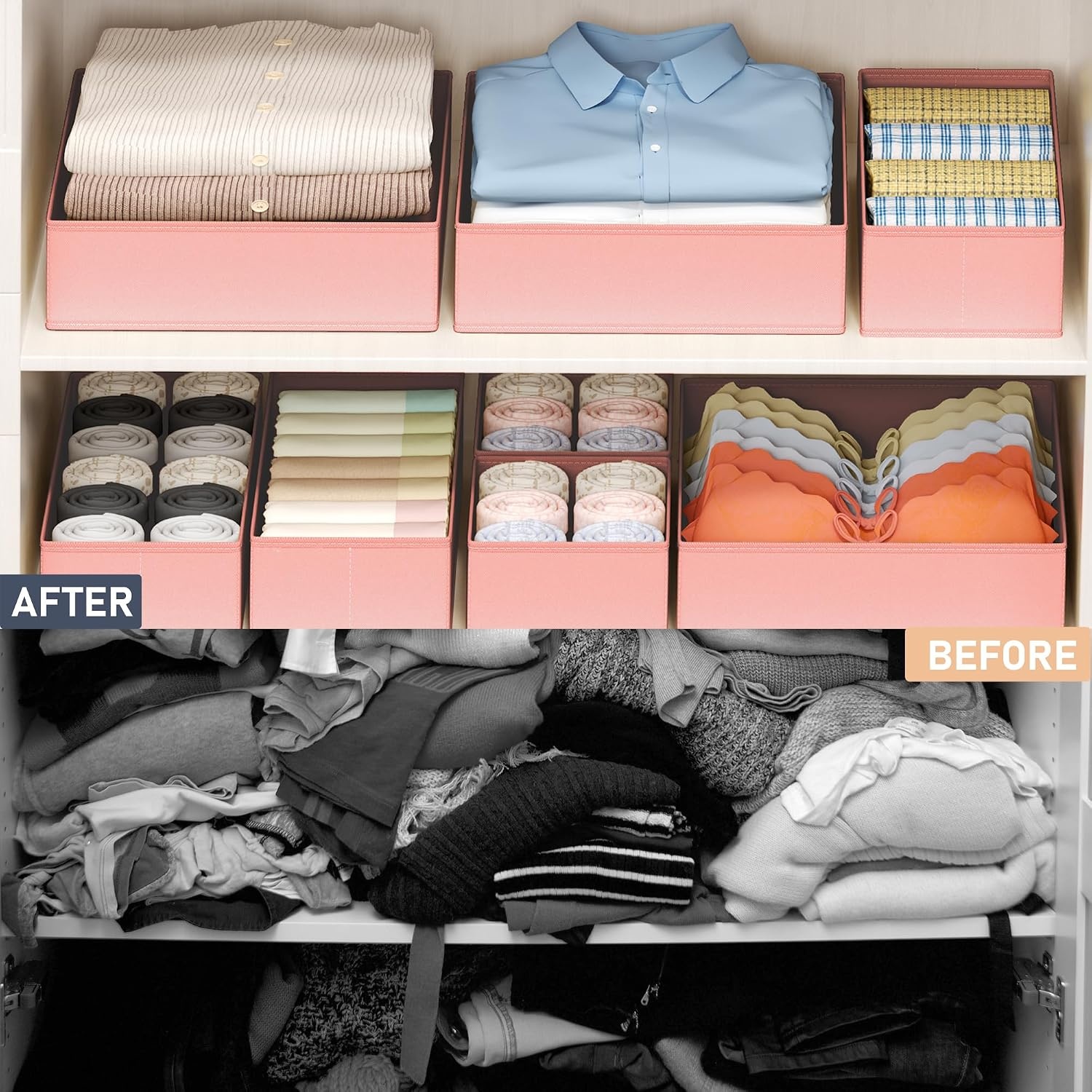 image:imageDIMJ Drawer Organizer Clothes Storage 20 Pack Baby Dresser Organizer for Nursery Foldable Closet Drawer Organizer Bins for Bedroom Organization Fabric Storage Dividers for Socks Underwears BrasPink