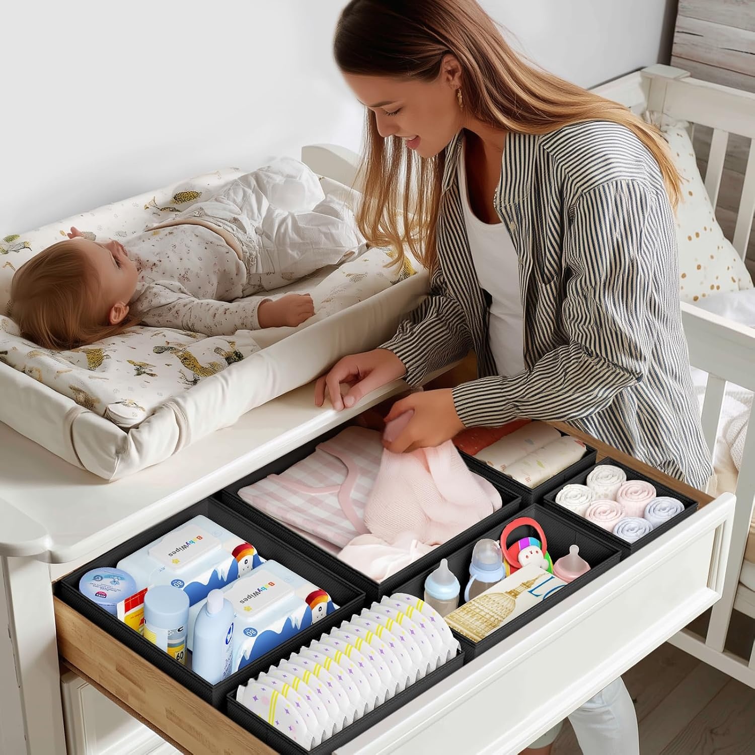 image:imageDIMJ Drawer Organizer Clothes Storage 20 Pack Baby Dresser Organizer for Nursery Foldable Closet Drawer Organizer Bins for Bedroom Organization Fabric Storage Dividers for Socks Underwears BrasBlack