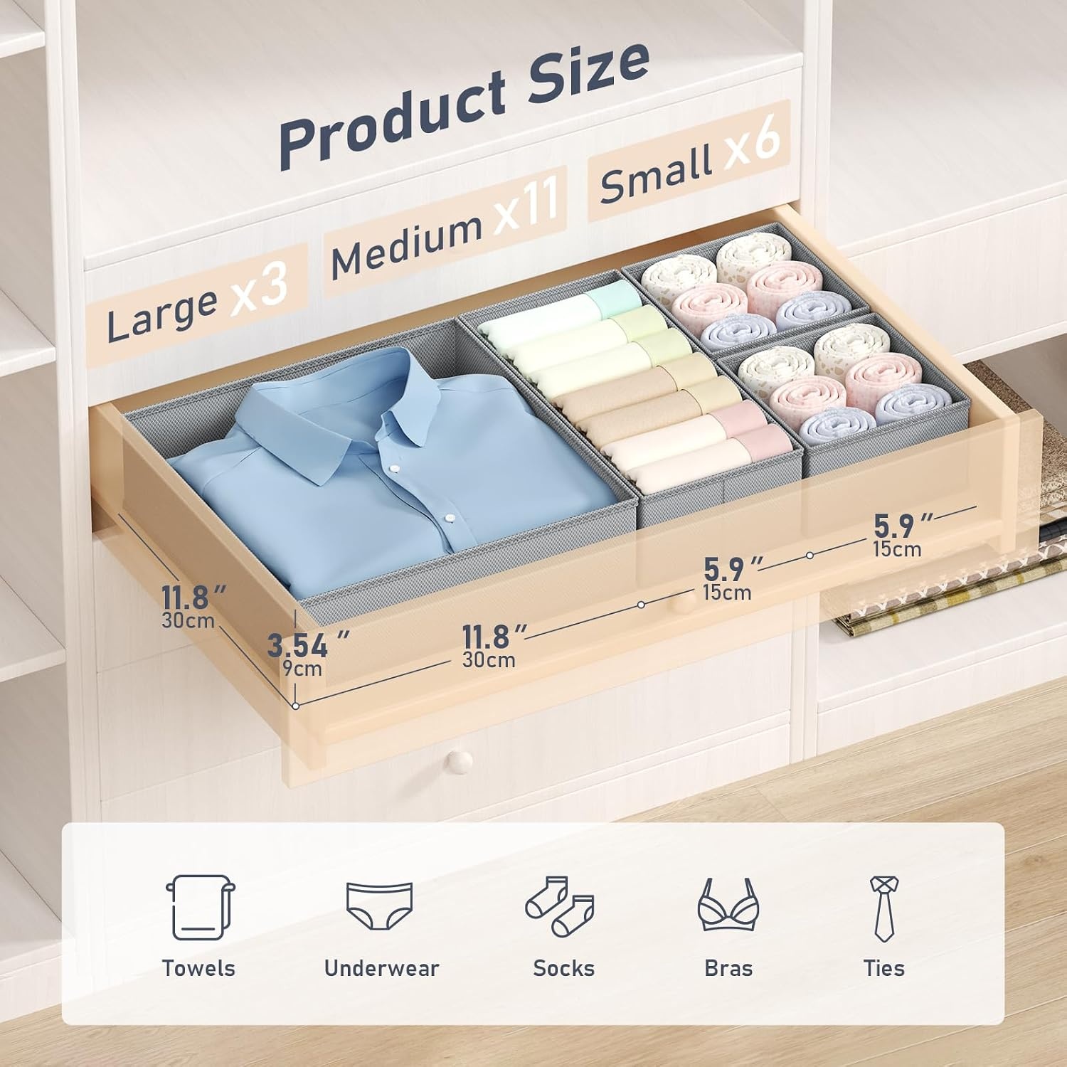 image:imageDIMJ Drawer Organizer Clothes Storage 20 Pack Baby Dresser Organizer for Nursery Foldable Closet Drawer Organizer Bins for Bedroom Organization Fabric Storage Dividers for Socks Underwears BrasGray