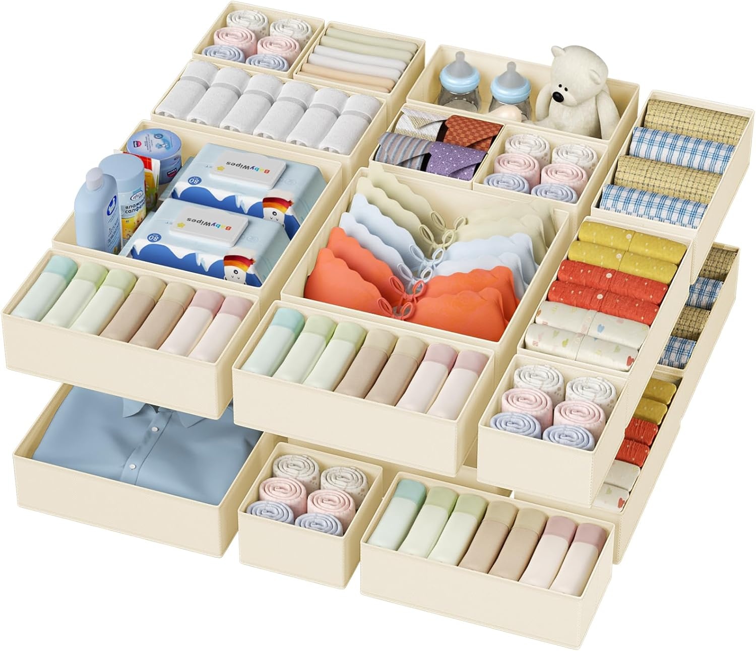 image:imageDIMJ Drawer Organizer Clothes Storage 20 Pack Baby Dresser Organizer for Nursery Foldable Closet Drawer Organizer Bins for Bedroom Organization Fabric Storage Dividers for Socks Underwears BrasBeige