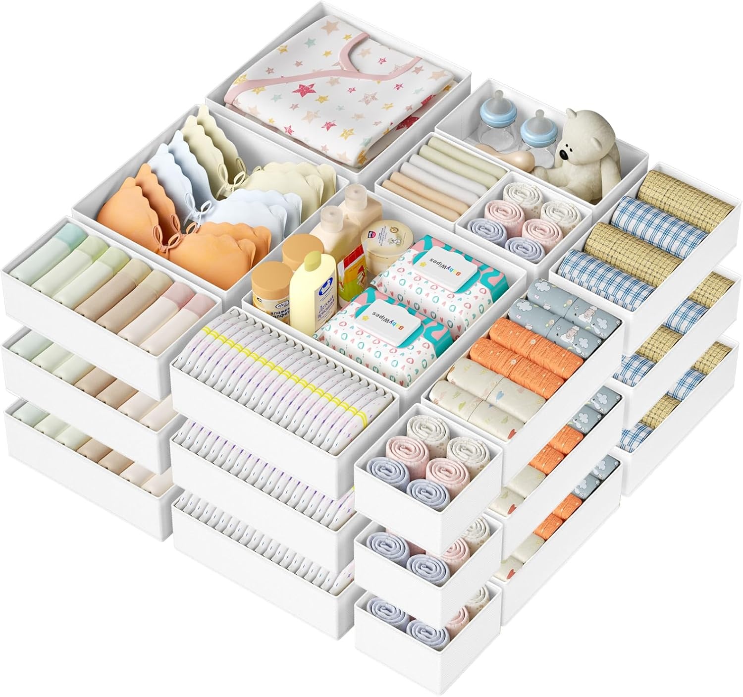 image:imageDIMJ Drawer Organizer Clothes Storage 20 Pack Baby Dresser Organizer for Nursery Foldable Closet Drawer Organizer Bins for Bedroom Organization Fabric Storage Dividers for Socks Underwears BrasWhite