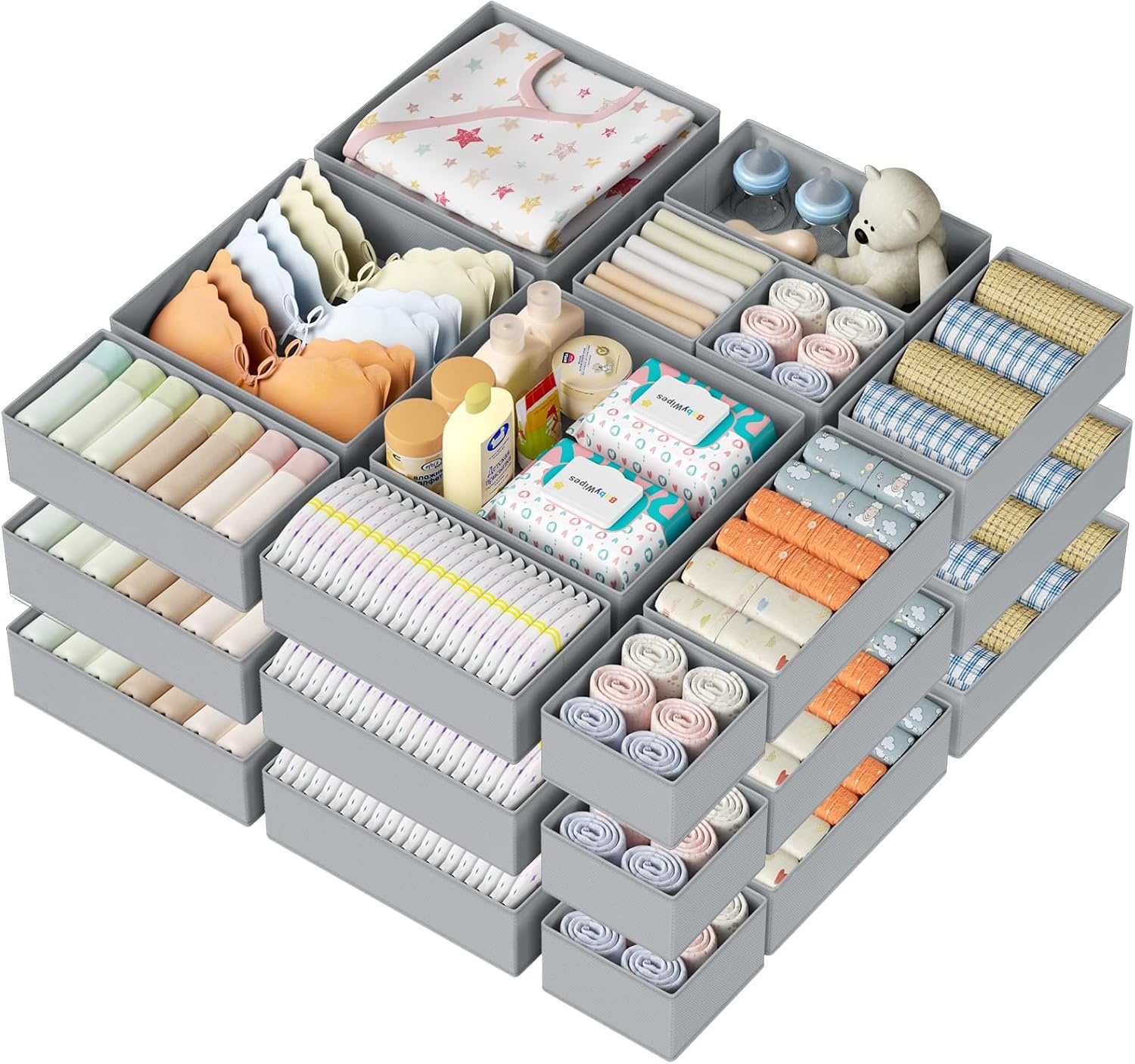 image:imageDIMJ Drawer Organizer Clothes Storage 20 Pack Baby Dresser Organizer for Nursery Foldable Closet Drawer Organizer Bins for Bedroom Organization Fabric Storage Dividers for Socks Underwears BrasGray