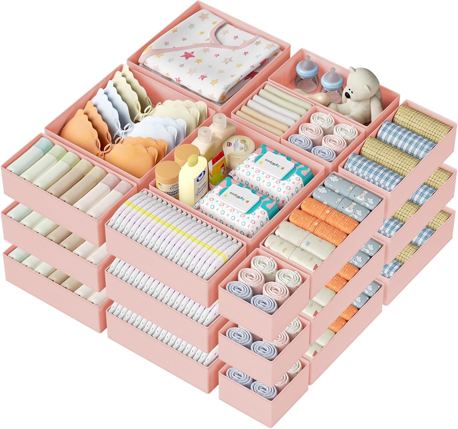 image:imageDIMJ Drawer Organizer Clothes Storage 20 Pack Baby Dresser Organizer for Nursery Foldable Closet Drawer Organizer Bins for Bedroom Organization Fabric Storage Dividers for Socks Underwears BrasPink