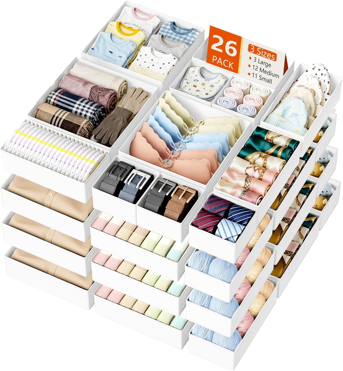 image:imageDIMJ Drawer Organizer Clothes Storage 20 Pack Baby Dresser Organizer for Nursery Foldable Closet Drawer Organizer Bins for Bedroom Organization Fabric Storage Dividers for Socks Underwears BrasWhite