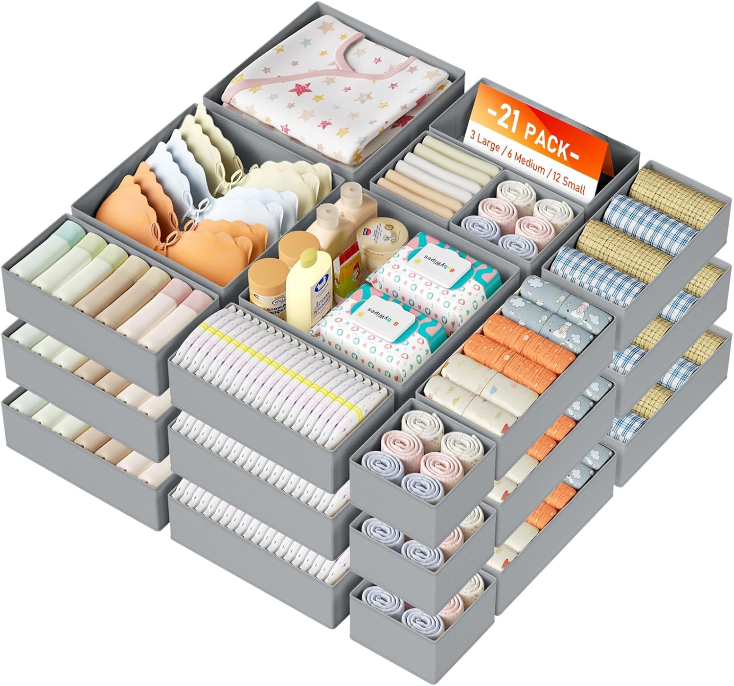 image:imageDIMJ Drawer Organizer Clothes Storage 20 Pack Baby Dresser Organizer for Nursery Foldable Closet Drawer Organizer Bins for Bedroom Organization Fabric Storage Dividers for Socks Underwears BrasGray
