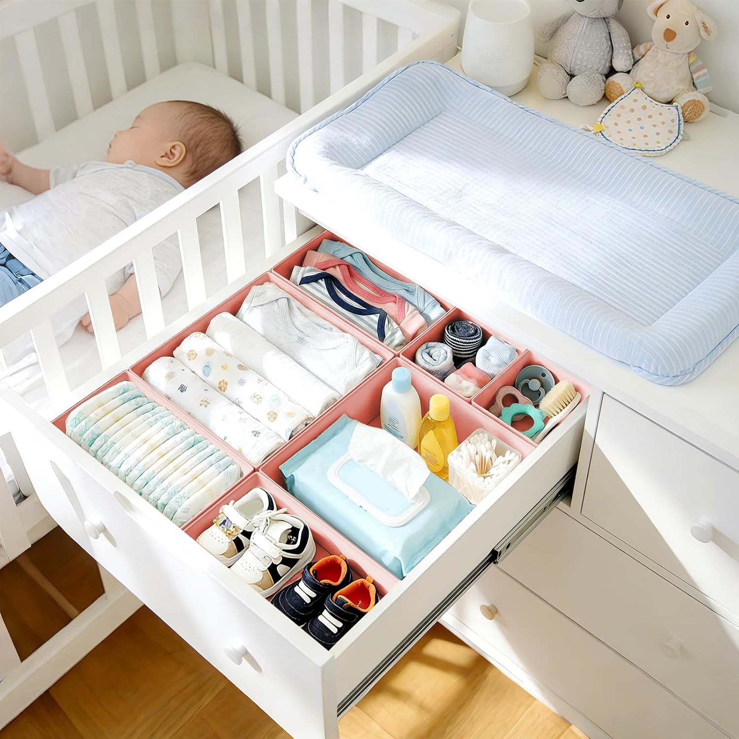 image:imageDIMJ Drawer Organizer Clothes Storage 20 Pack Baby Dresser Organizer for Nursery Foldable Closet Drawer Organizer Bins for Bedroom Organization Fabric Storage Dividers for Socks Underwears BrasPink
