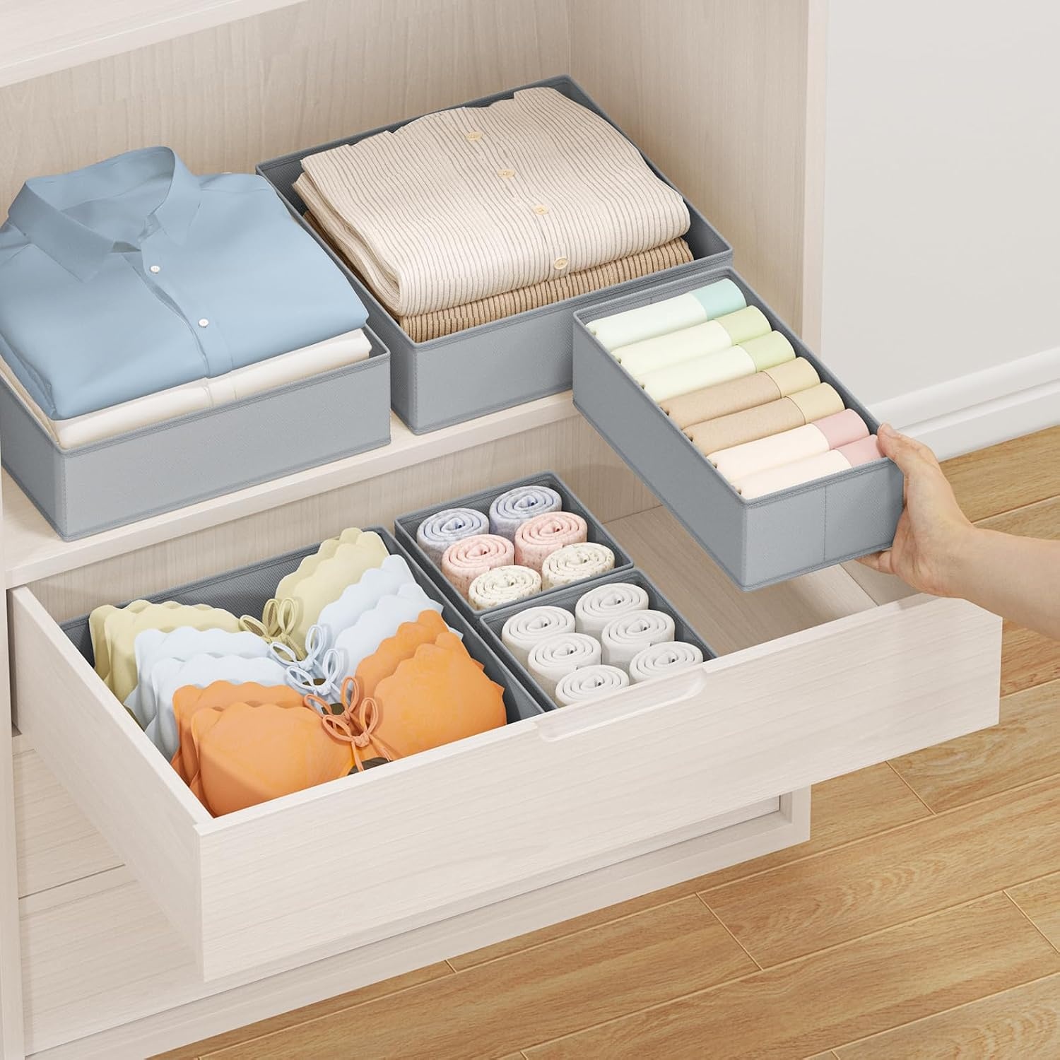 image:imageDIMJ Drawer Organizer Clothes Storage 20 Pack Baby Dresser Organizer for Nursery Foldable Closet Drawer Organizer Bins for Bedroom Organization Fabric Storage Dividers for Socks Underwears BrasGray