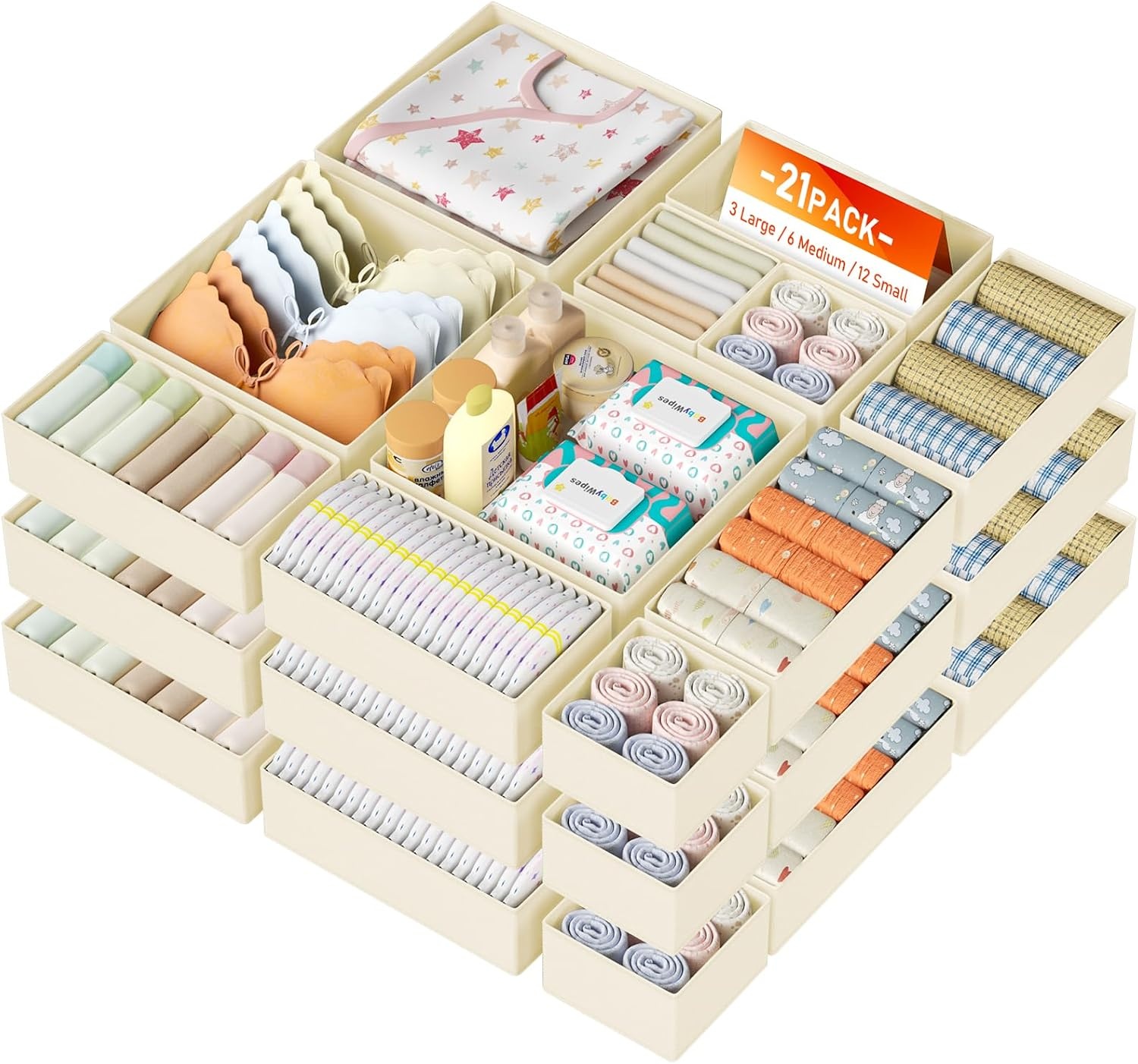 image:imageDIMJ Drawer Organizer Clothes Storage 20 Pack Baby Dresser Organizer for Nursery Foldable Closet Drawer Organizer Bins for Bedroom Organization Fabric Storage Dividers for Socks Underwears BrasBeige