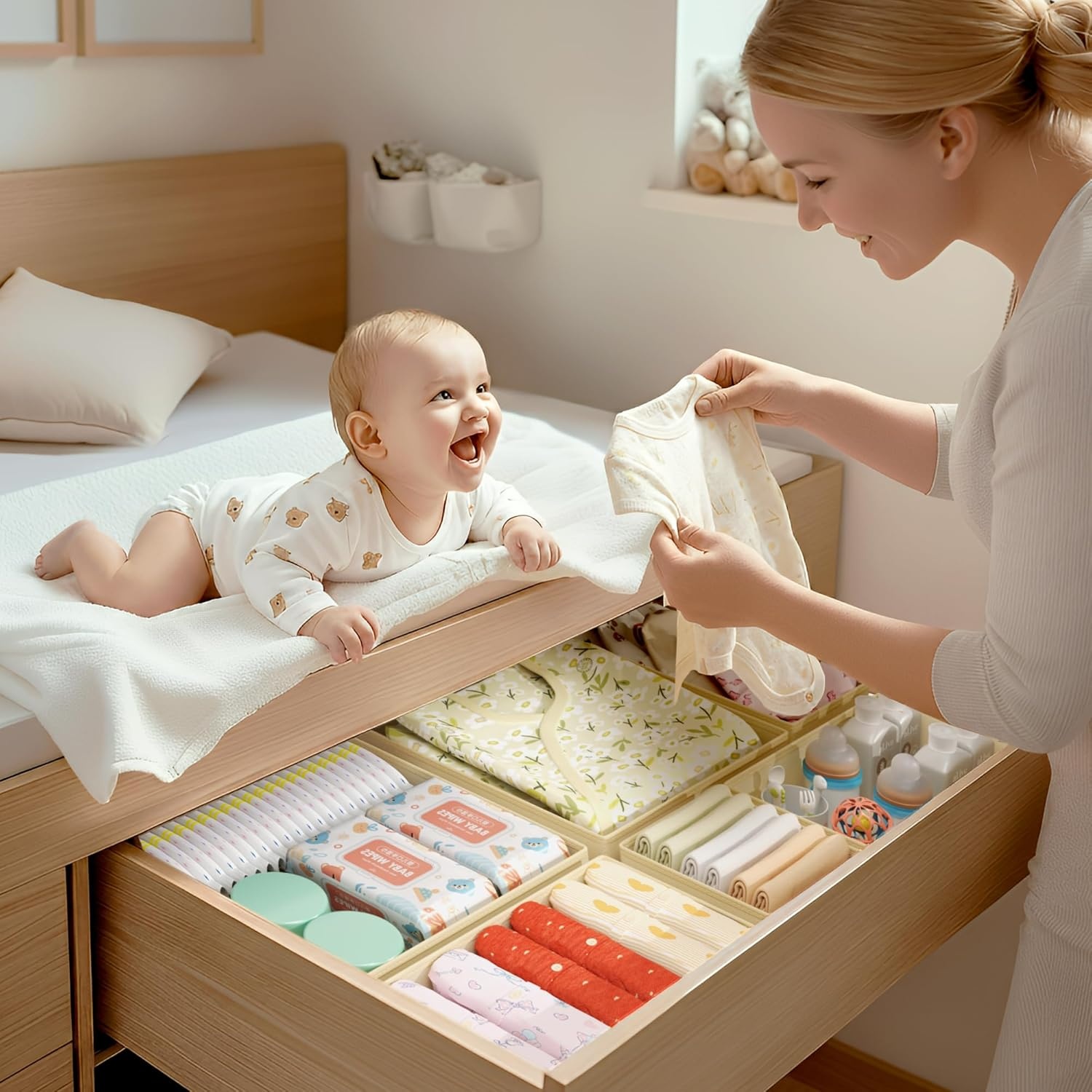 image:imageDIMJ Drawer Organizer Clothes Storage 20 Pack Baby Dresser Organizer for Nursery Foldable Closet Drawer Organizer Bins for Bedroom Organization Fabric Storage Dividers for Socks Underwears BrasBeige