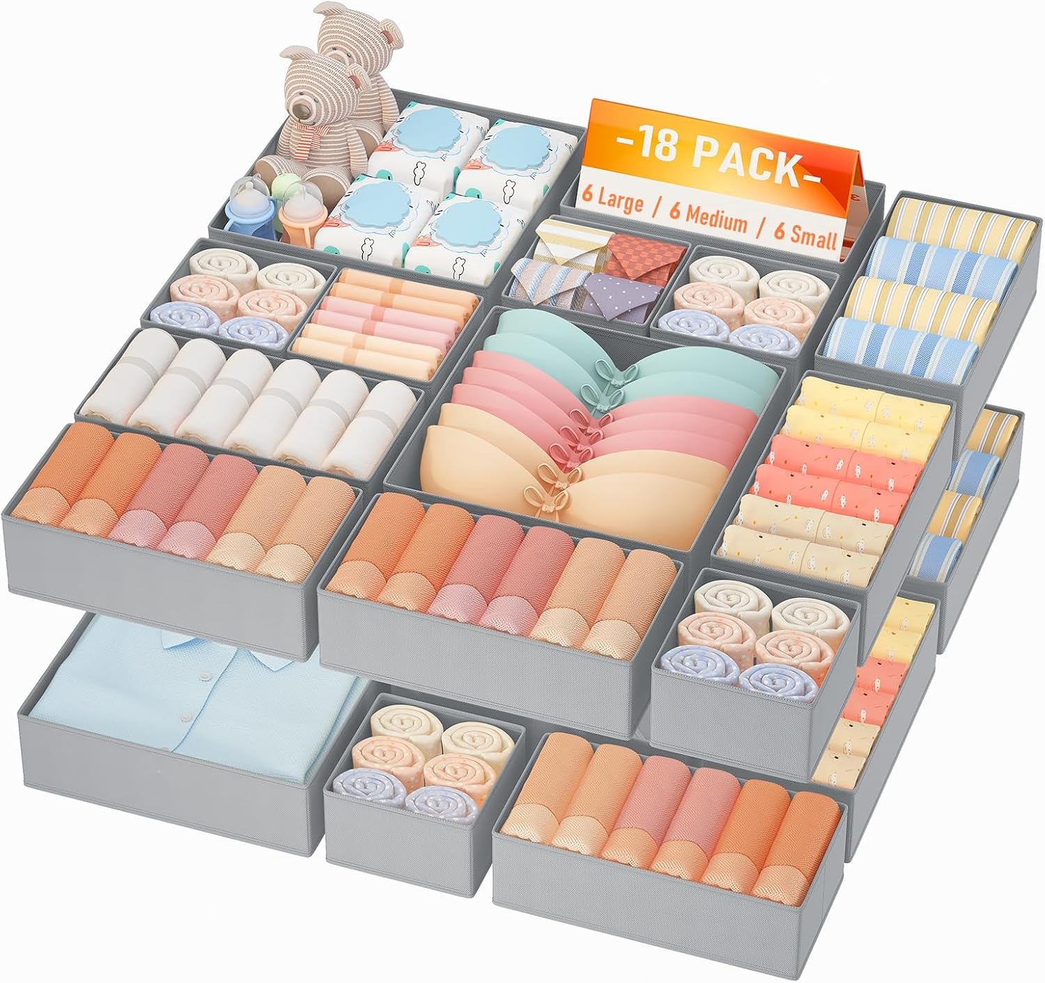 image:imageDIMJ Drawer Organizer Clothes Storage 20 Pack Baby Dresser Organizer for Nursery Foldable Closet Drawer Organizer Bins for Bedroom Organization Fabric Storage Dividers for Socks Underwears BrasGray