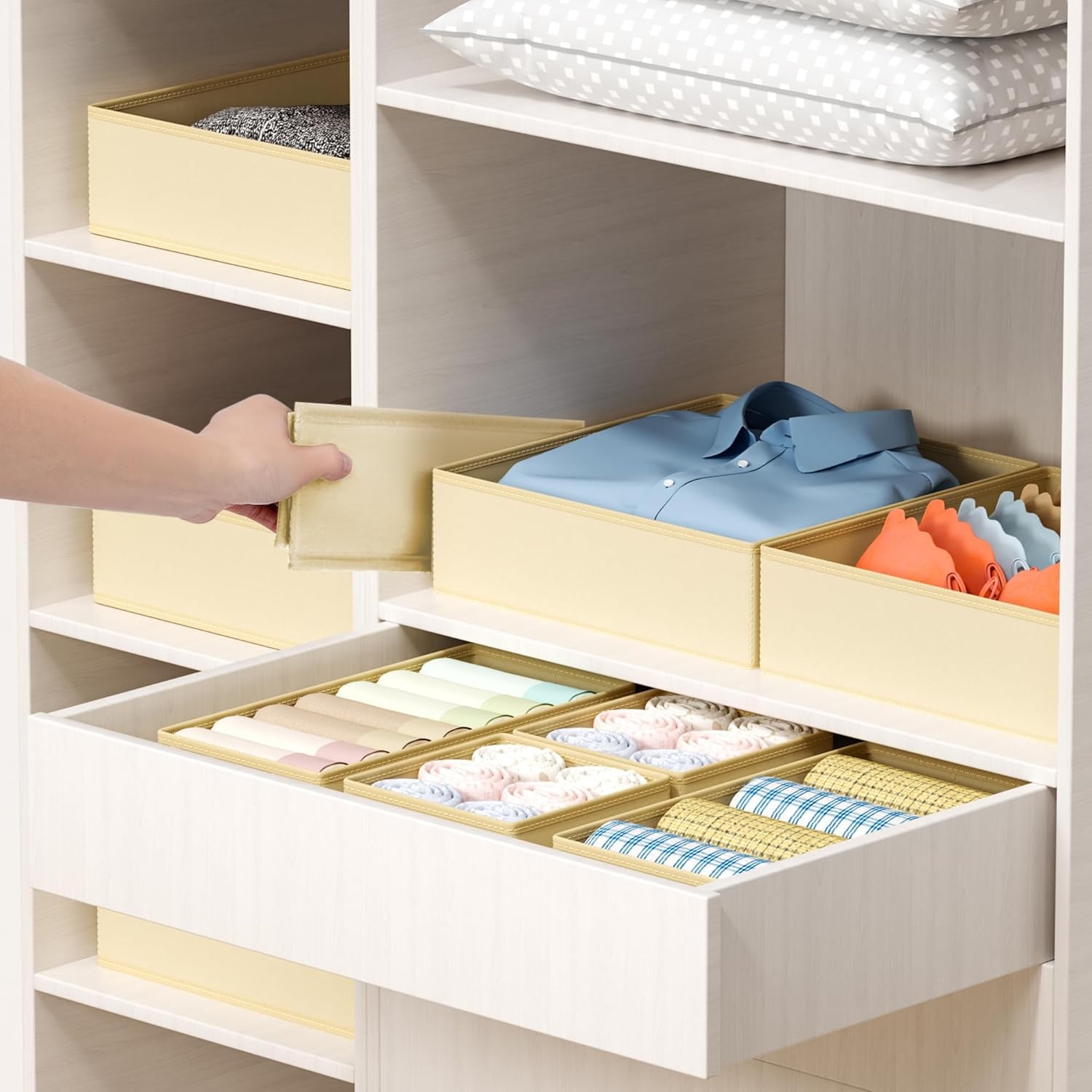 image:imageDIMJ Drawer Organizer Clothes Storage 20 Pack Baby Dresser Organizer for Nursery Foldable Closet Drawer Organizer Bins for Bedroom Organization Fabric Storage Dividers for Socks Underwears BrasBeige