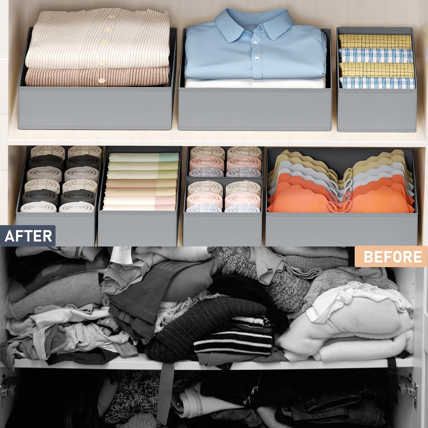 image:imageDIMJ Drawer Organizer Clothes Storage 20 Pack Baby Dresser Organizer for Nursery Foldable Closet Drawer Organizer Bins for Bedroom Organization Fabric Storage Dividers for Socks Underwears BrasGray