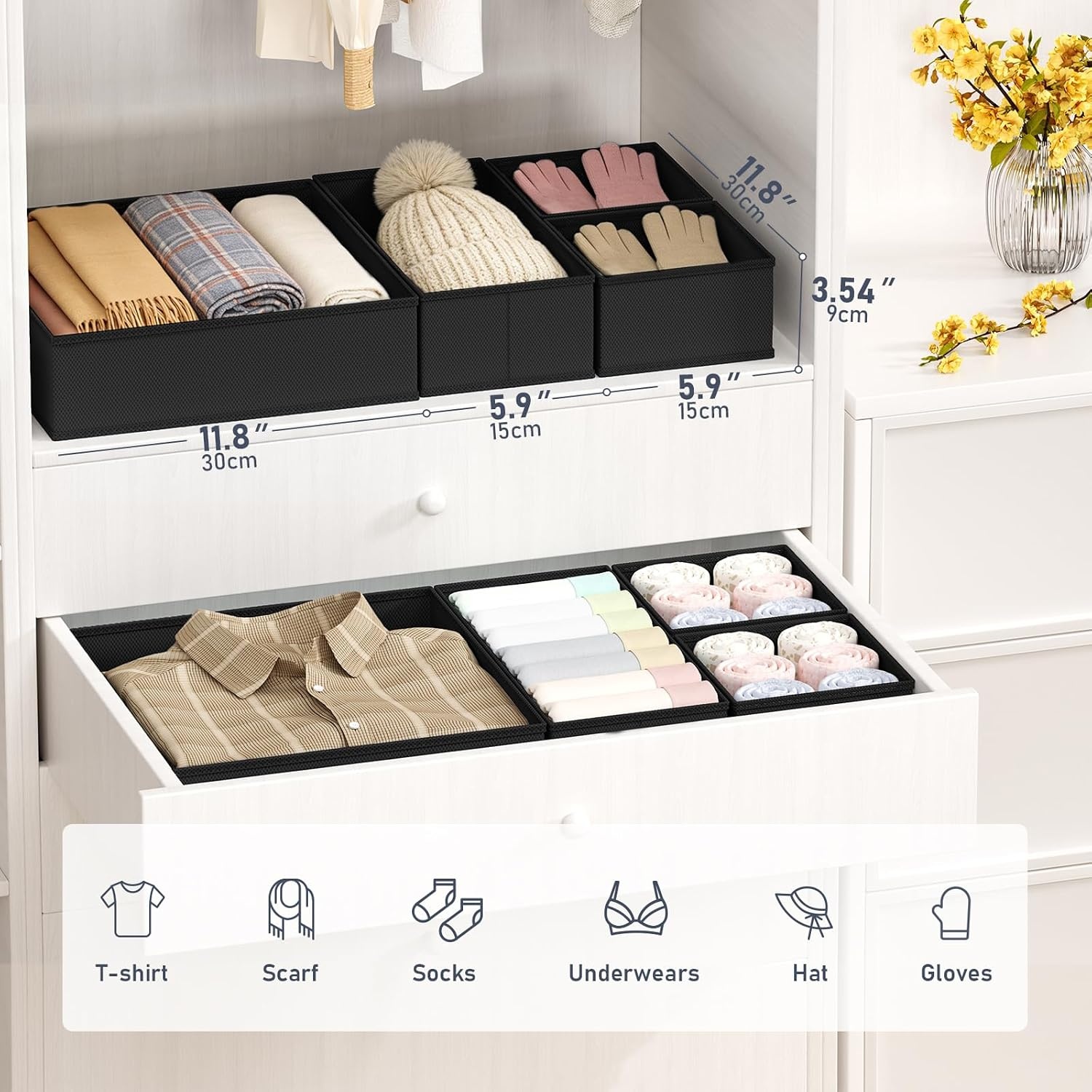 image:imageDIMJ Drawer Organizer Clothes Storage 20 Pack Baby Dresser Organizer for Nursery Foldable Closet Drawer Organizer Bins for Bedroom Organization Fabric Storage Dividers for Socks Underwears BrasBlack