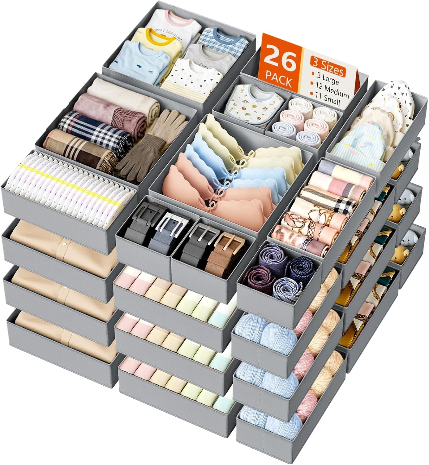 image:imageDIMJ Drawer Organizer Clothes Storage 20 Pack Baby Dresser Organizer for Nursery Foldable Closet Drawer Organizer Bins for Bedroom Organization Fabric Storage Dividers for Socks Underwears BrasGray