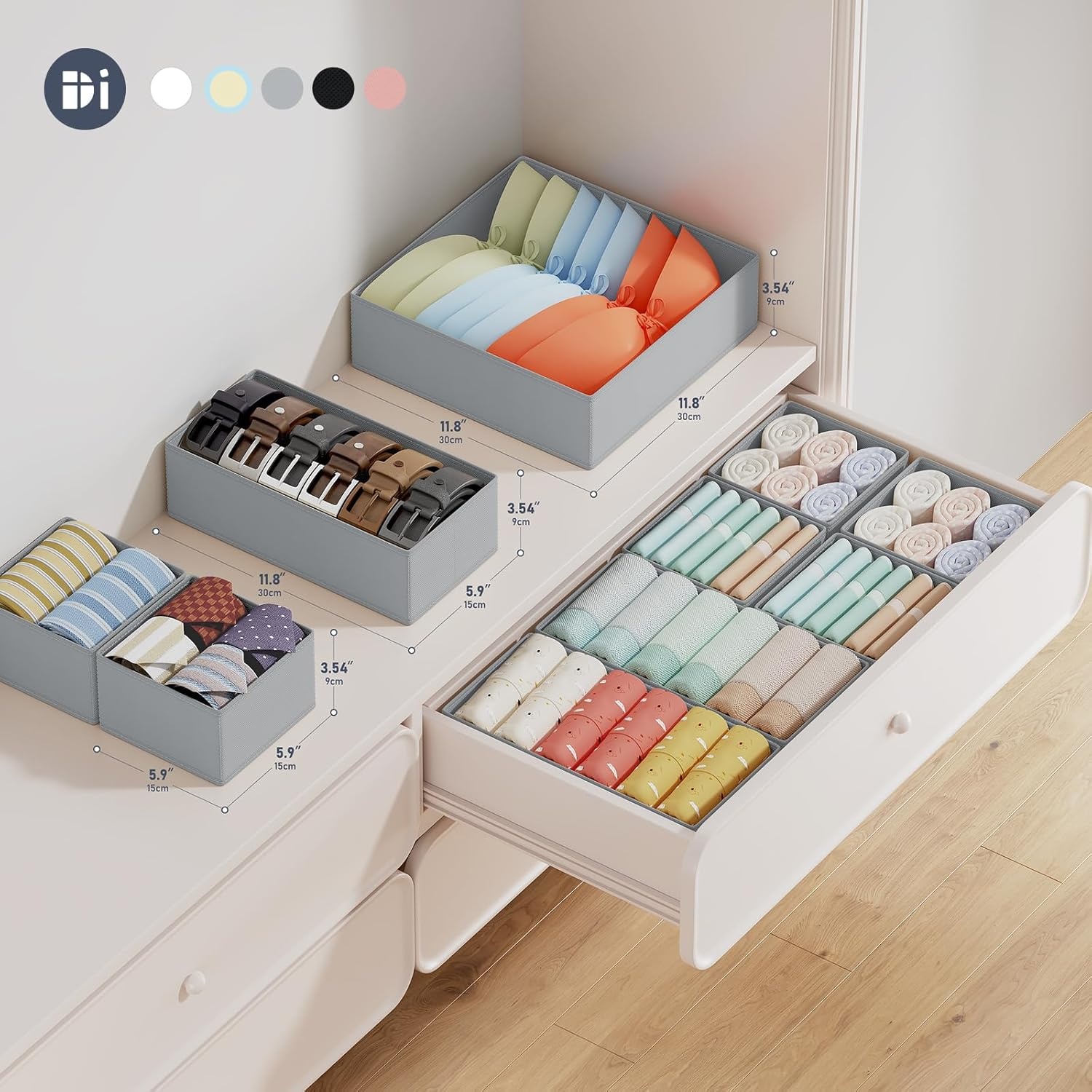 image:imageDIMJ Drawer Organizer Clothes Storage 20 Pack Baby Dresser Organizer for Nursery Foldable Closet Drawer Organizer Bins for Bedroom Organization Fabric Storage Dividers for Socks Underwears BrasGray