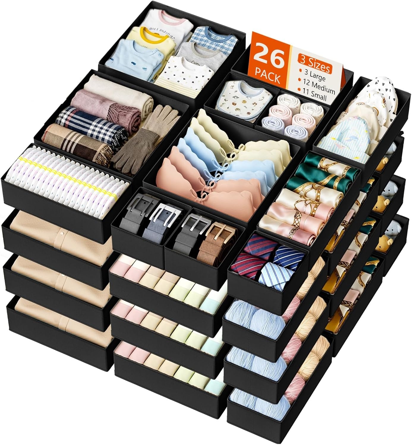 image:imageDIMJ Drawer Organizer Clothes Storage 20 Pack Baby Dresser Organizer for Nursery Foldable Closet Drawer Organizer Bins for Bedroom Organization Fabric Storage Dividers for Socks Underwears BrasBlack