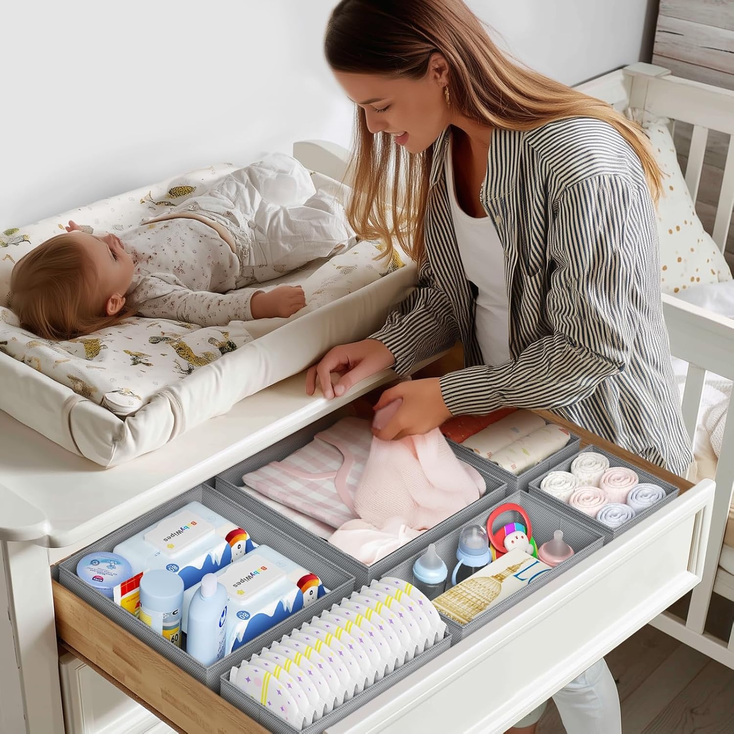 image:imageDIMJ Drawer Organizer Clothes Storage 20 Pack Baby Dresser Organizer for Nursery Foldable Closet Drawer Organizer Bins for Bedroom Organization Fabric Storage Dividers for Socks Underwears BrasGray