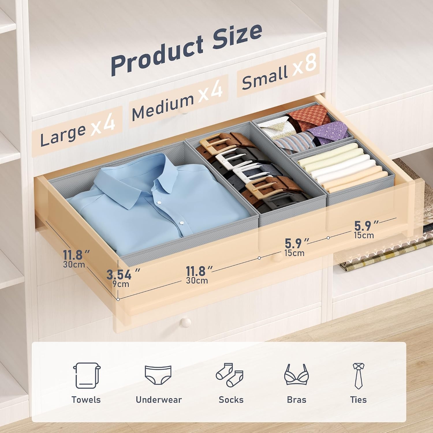image:imageDIMJ Drawer Organizer Clothes Storage 20 Pack Baby Dresser Organizer for Nursery Foldable Closet Drawer Organizer Bins for Bedroom Organization Fabric Storage Dividers for Socks Underwears BrasGray