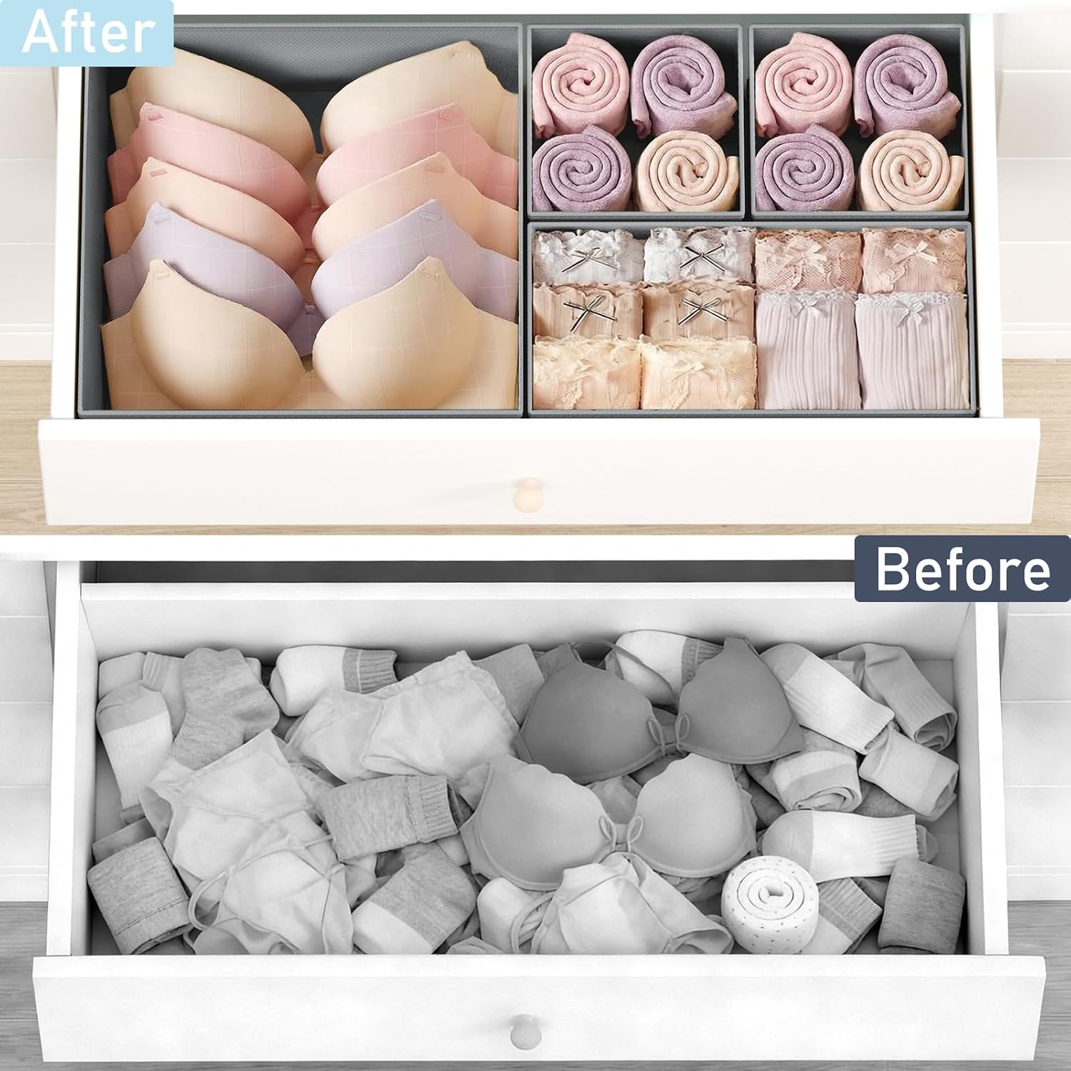 image:imageDIMJ Drawer Organizer Clothes Storage 20 Pack Baby Dresser Organizer for Nursery Foldable Closet Drawer Organizer Bins for Bedroom Organization Fabric Storage Dividers for Socks Underwears BrasGray