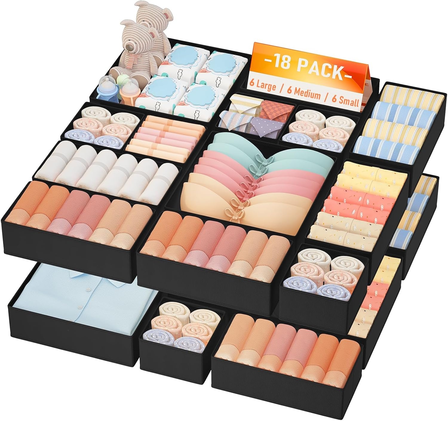 image:imageDIMJ Drawer Organizer Clothes Storage 20 Pack Baby Dresser Organizer for Nursery Foldable Closet Drawer Organizer Bins for Bedroom Organization Fabric Storage Dividers for Socks Underwears BrasBlack