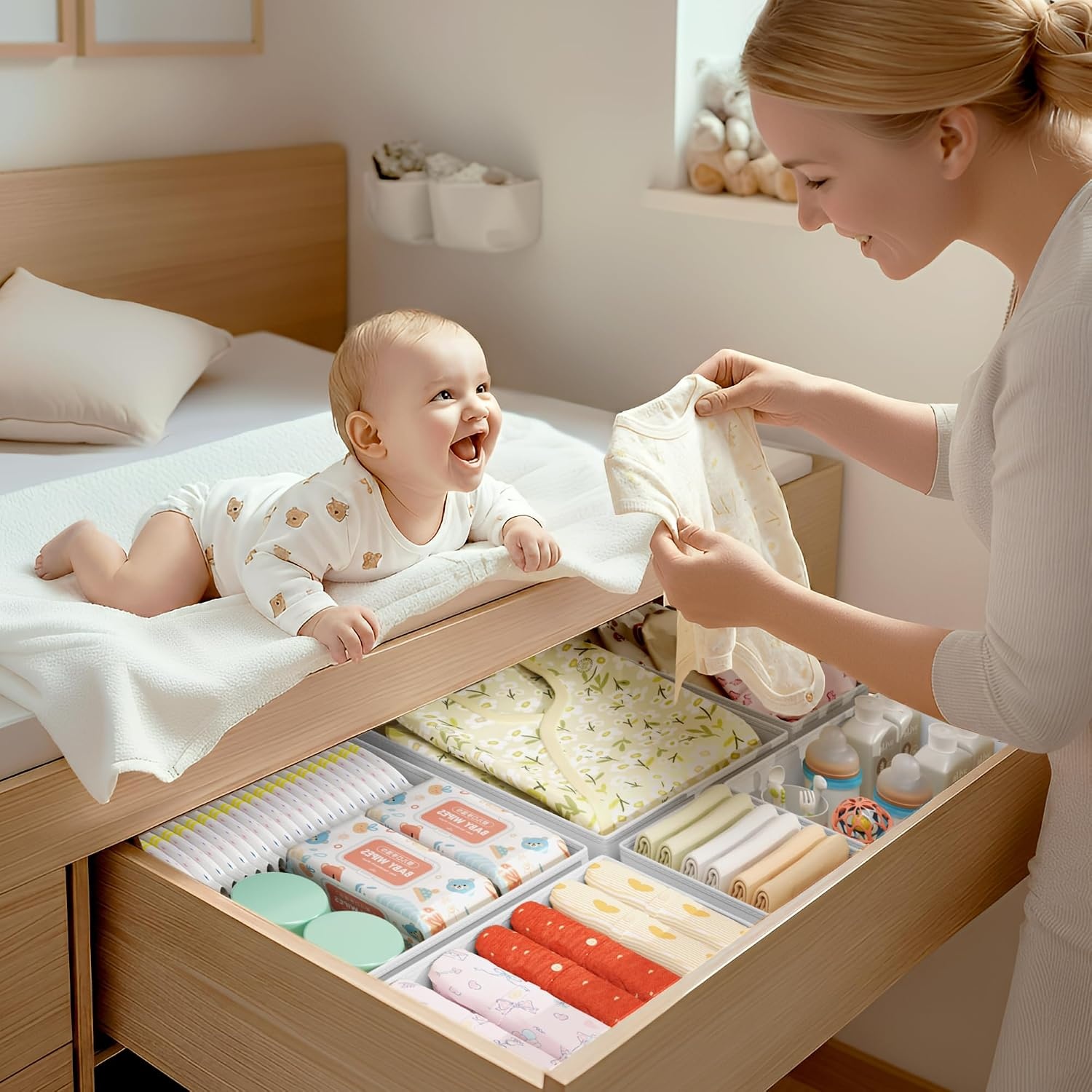 image:imageDIMJ Drawer Organizer Clothes Storage 20 Pack Baby Dresser Organizer for Nursery Foldable Closet Drawer Organizer Bins for Bedroom Organization Fabric Storage Dividers for Socks Underwears BrasWhite