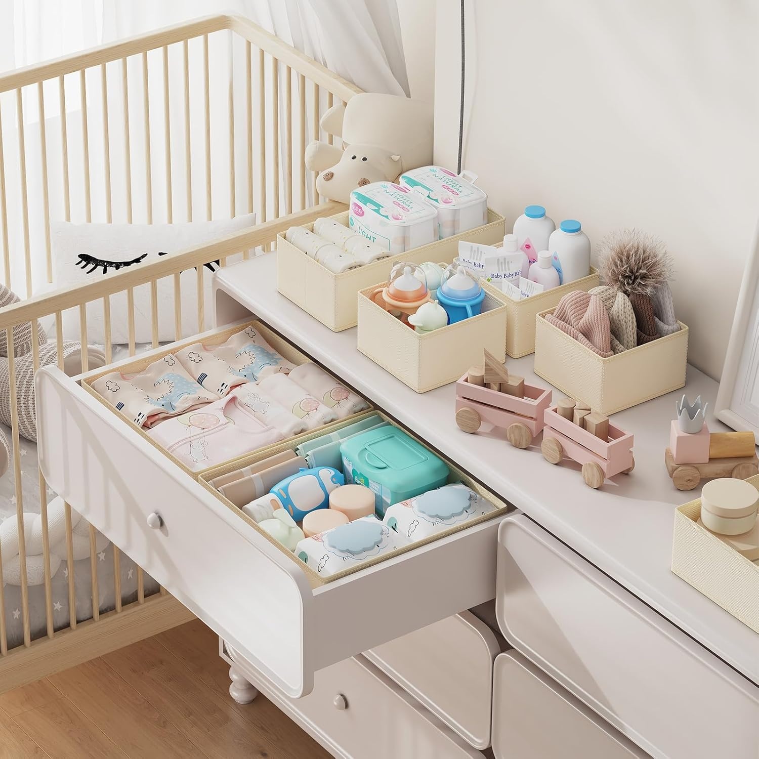 image:imageDIMJ Drawer Organizer Clothes Storage 20 Pack Baby Dresser Organizer for Nursery Foldable Closet Drawer Organizer Bins for Bedroom Organization Fabric Storage Dividers for Socks Underwears BrasBeige