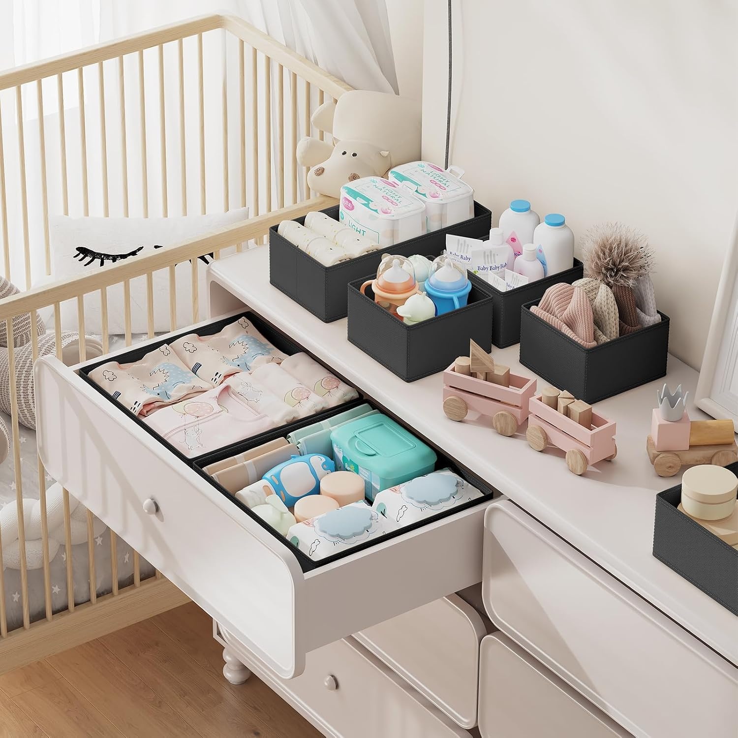 image:imageDIMJ Drawer Organizer Clothes Storage 20 Pack Baby Dresser Organizer for Nursery Foldable Closet Drawer Organizer Bins for Bedroom Organization Fabric Storage Dividers for Socks Underwears BrasBlack