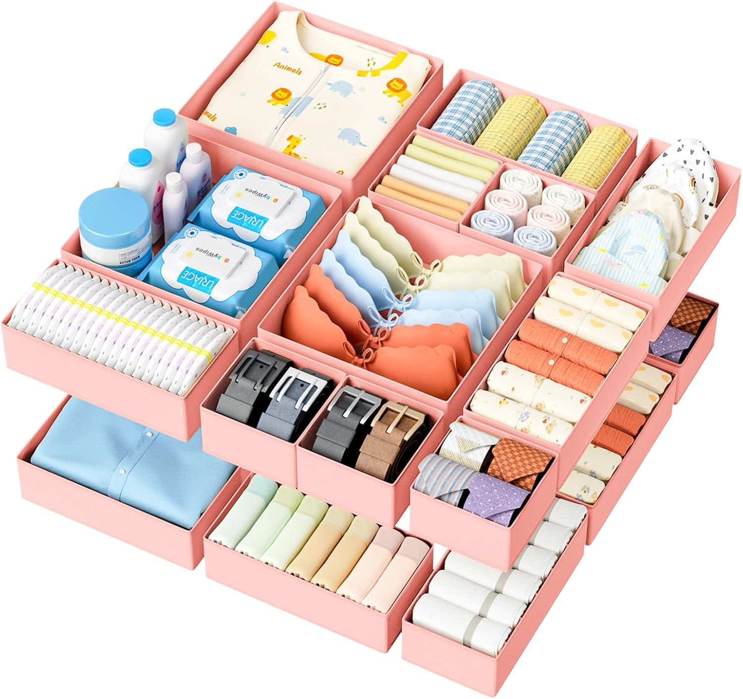 image:imageDIMJ Drawer Organizer Clothes Storage 20 Pack Baby Dresser Organizer for Nursery Foldable Closet Drawer Organizer Bins for Bedroom Organization Fabric Storage Dividers for Socks Underwears BrasPink