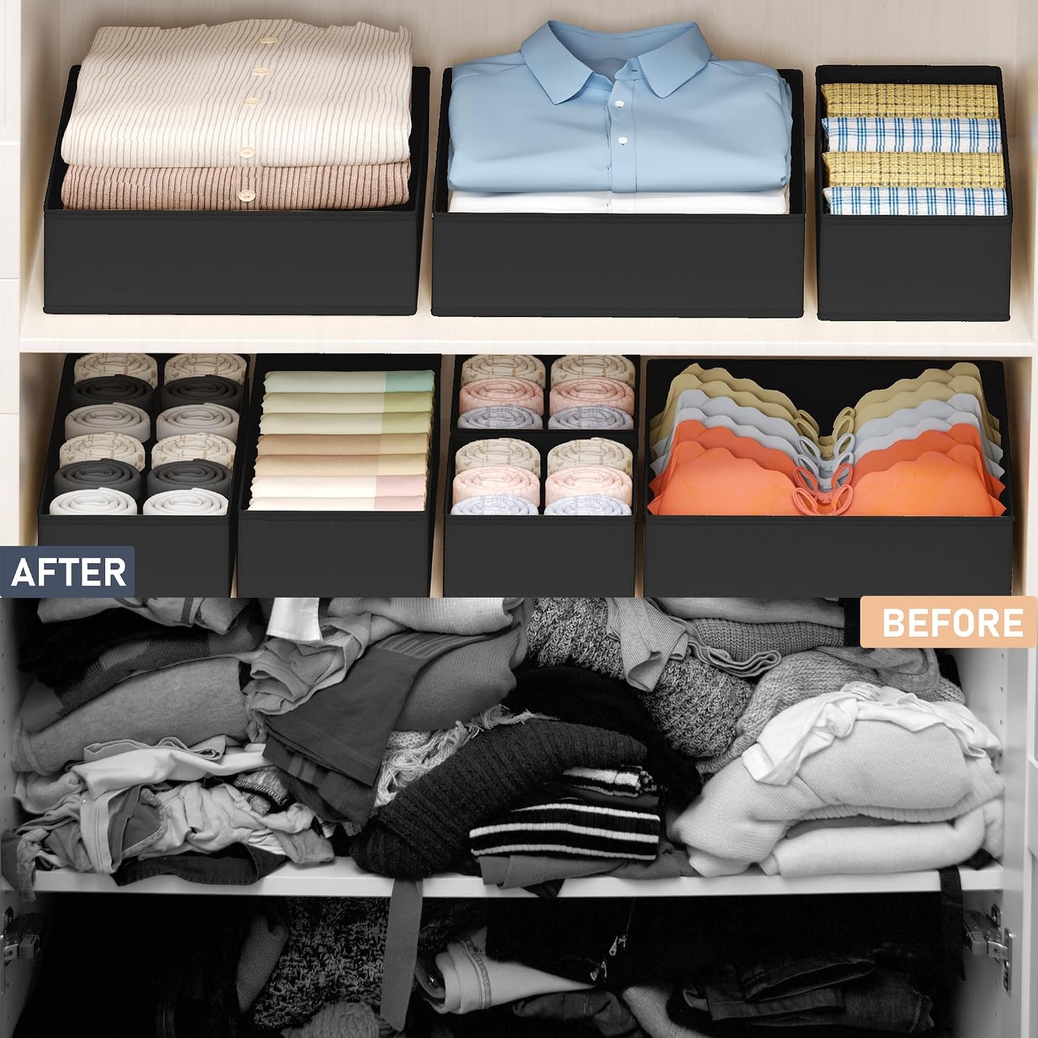 image:imageDIMJ Drawer Organizer Clothes Storage 20 Pack Baby Dresser Organizer for Nursery Foldable Closet Drawer Organizer Bins for Bedroom Organization Fabric Storage Dividers for Socks Underwears BrasBlack