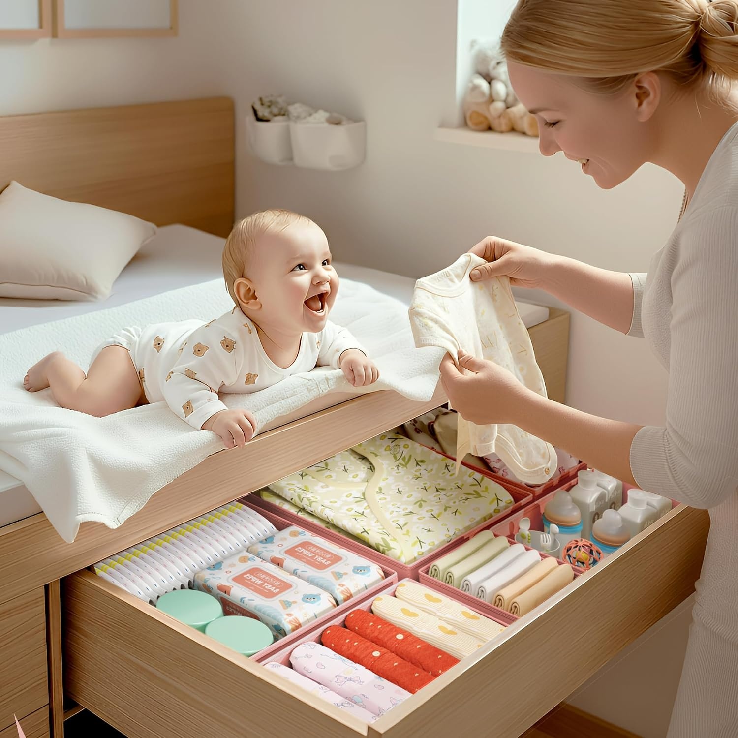 image:imageDIMJ Drawer Organizer Clothes Storage 20 Pack Baby Dresser Organizer for Nursery Foldable Closet Drawer Organizer Bins for Bedroom Organization Fabric Storage Dividers for Socks Underwears BrasPink