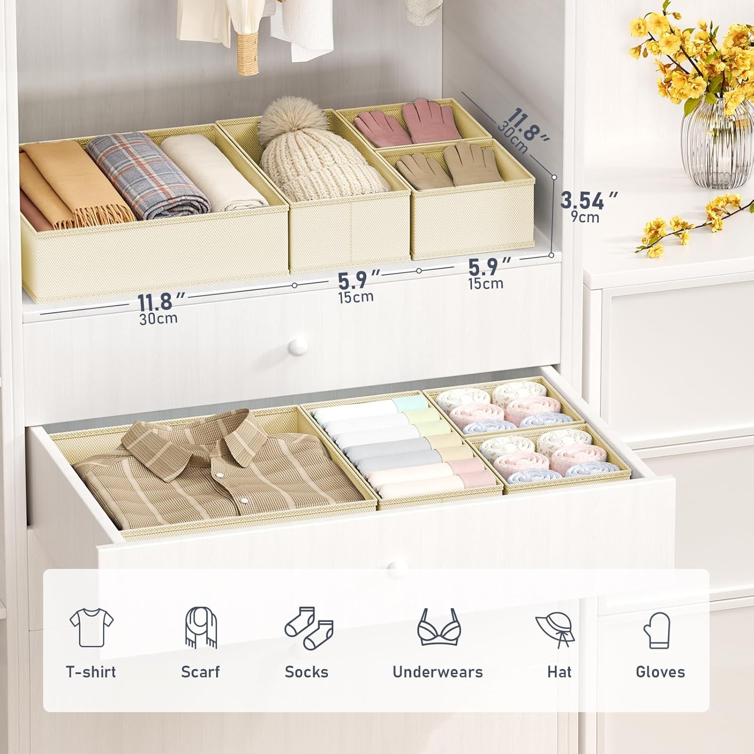image:imageDIMJ Drawer Organizer Clothes Storage 24 Pack Baby Dresser Organizer for Nursery Small Fabric Closet Drawer Organizer Bins for Underwears Socks Foldable Storage Dividers Organization for BedroomBeige