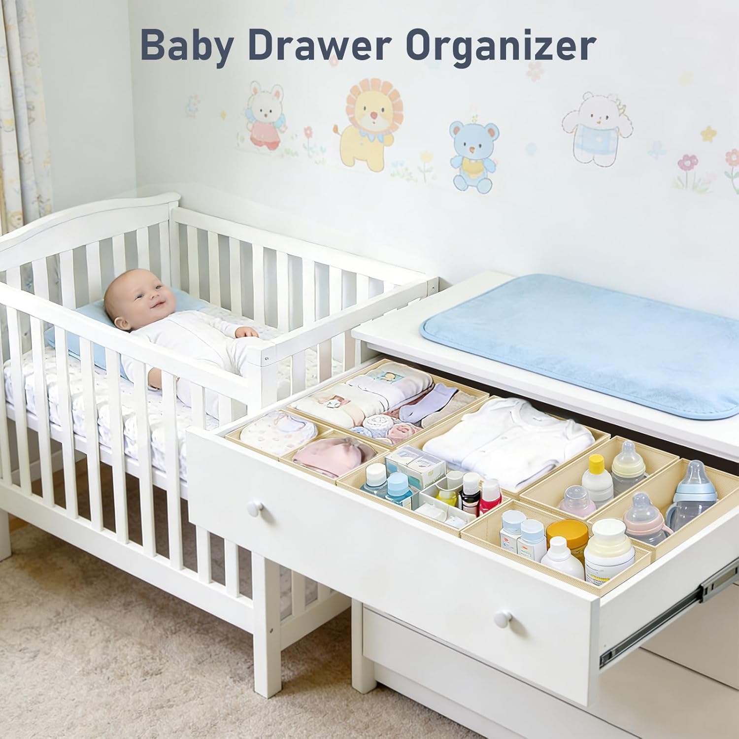 image:imageDIMJ Drawer Organizer Clothes Storage 24 Pack Baby Dresser Organizer for Nursery Small Fabric Closet Drawer Organizer Bins for Underwears Socks Foldable Storage Dividers Organization for BedroomBeige