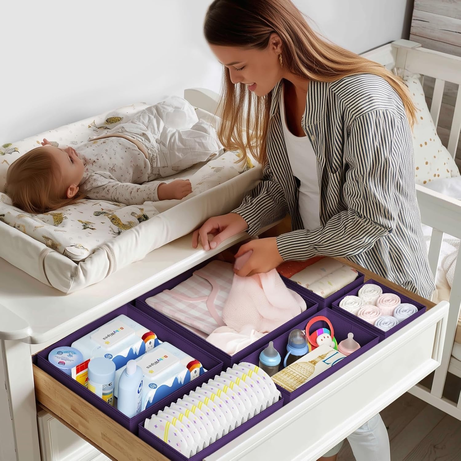 image:imageDIMJ Drawer Organizer Clothes Storage 24 Pack Baby Dresser Organizer for Nursery Small Fabric Closet Drawer Organizer Bins for Underwears Socks Foldable Storage Dividers Organization for BedroomPurple