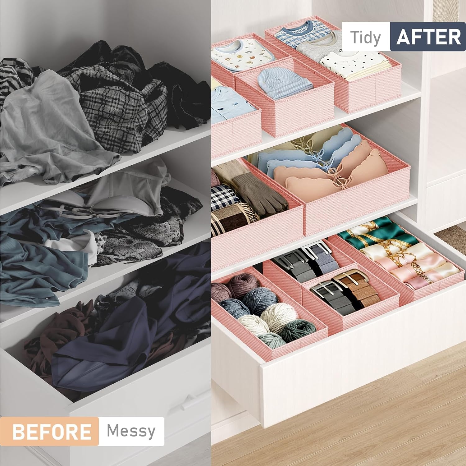 image:imageDIMJ Drawer Organizer Clothes Storage 24 Pack Baby Dresser Organizer for Nursery Small Fabric Closet Drawer Organizer Bins for Underwears Socks Foldable Storage Dividers Organization for BedroomPink