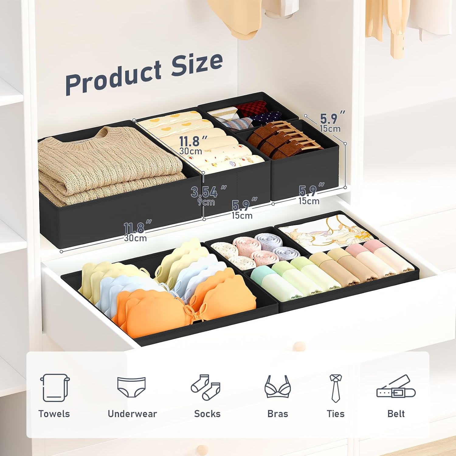 image:imageDIMJ Drawer Organizer Clothes Storage 24 Pack Baby Dresser Organizer for Nursery Small Fabric Closet Drawer Organizer Bins for Underwears Socks Foldable Storage Dividers Organization for BedroomBlack
