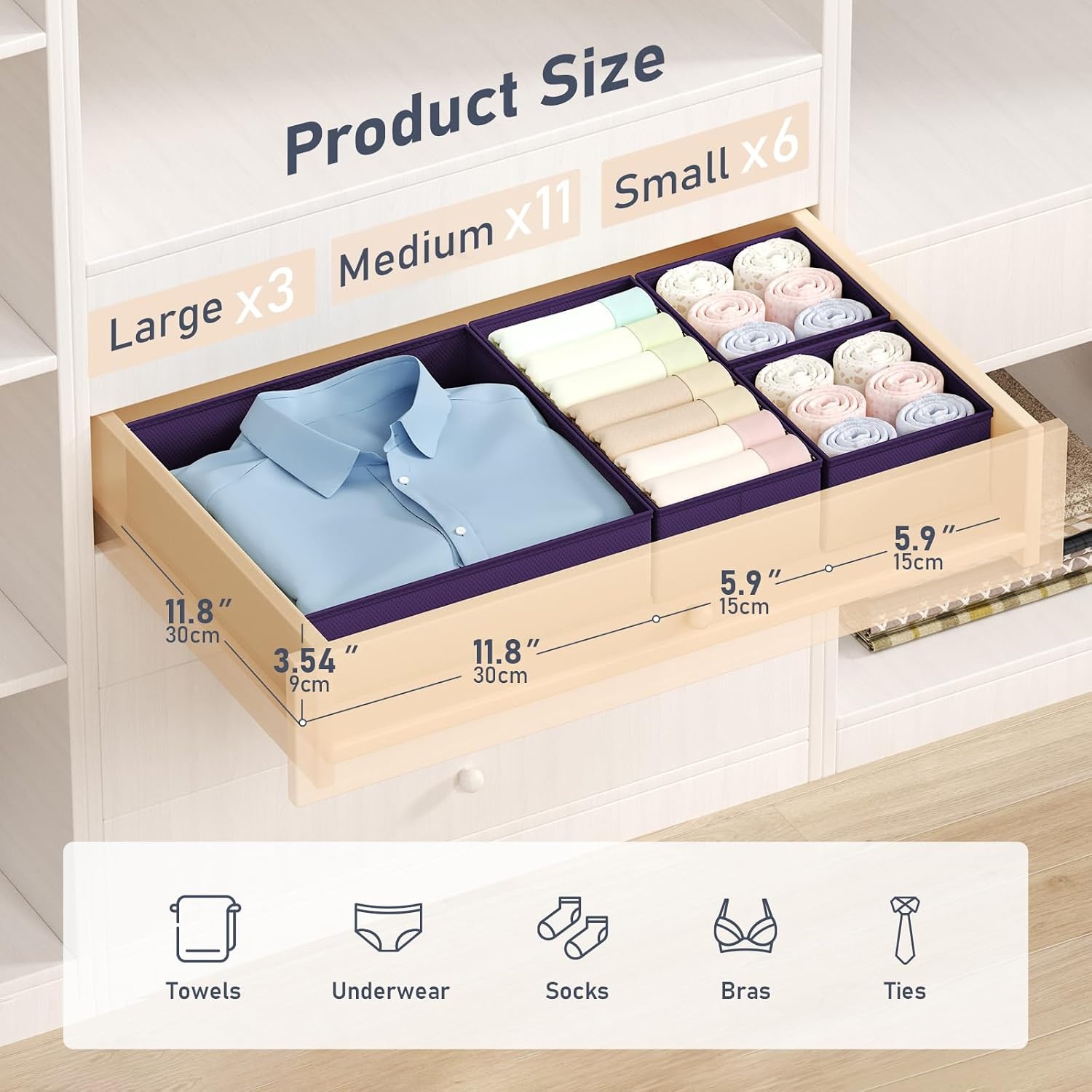 image:imageDIMJ Drawer Organizer Clothes Storage 24 Pack Baby Dresser Organizer for Nursery Small Fabric Closet Drawer Organizer Bins for Underwears Socks Foldable Storage Dividers Organization for BedroomPurple