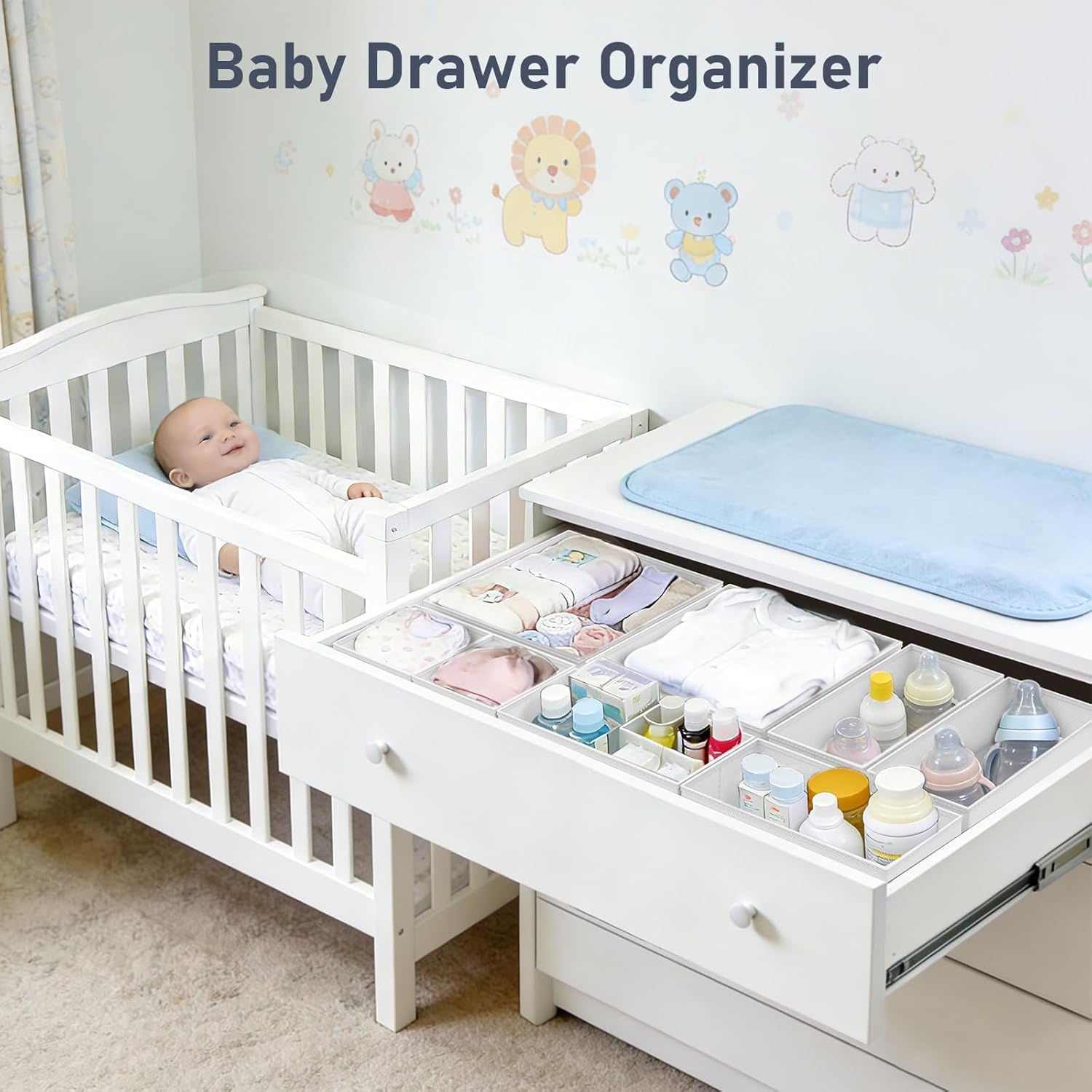 image:imageDIMJ Drawer Organizer Clothes Storage 24 Pack Baby Dresser Organizer for Nursery Small Fabric Closet Drawer Organizer Bins for Underwears Socks Foldable Storage Dividers Organization for BedroomWhite