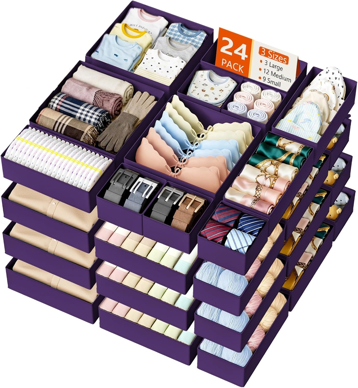 image:imageDIMJ Drawer Organizer Clothes Storage 24 Pack Baby Dresser Organizer for Nursery Small Fabric Closet Drawer Organizer Bins for Underwears Socks Foldable Storage Dividers Organization for BedroomPurple