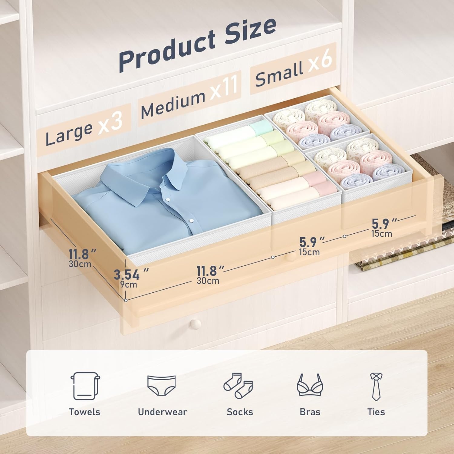 image:imageDIMJ Drawer Organizer Clothes Storage 24 Pack Baby Dresser Organizer for Nursery Small Fabric Closet Drawer Organizer Bins for Underwears Socks Foldable Storage Dividers Organization for BedroomWhite